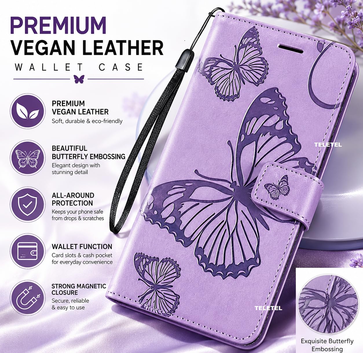 TELETEL Diva Series Butterfly Embossing Pu Leather Flip Wallet Case Cover with Card Holder | Magnetic Closure (Purple) for Redmi Note 11 & Redmi Note 11S 2
