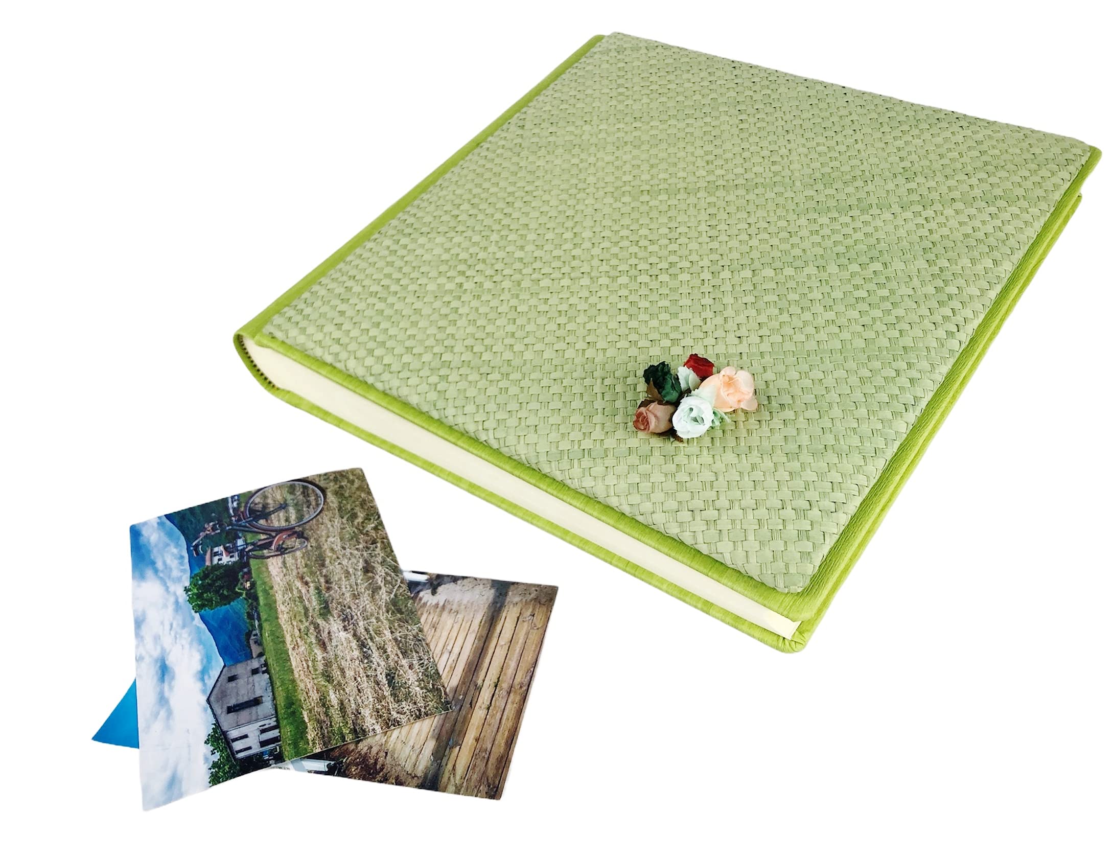 TriVin Art Álbum de fotos artesanal fabricado en Italia en imitación de piel fina y panel de canasta varios colores. (30 x 30 cm, 40 hojas de marfil) apto para cualquier evento (verde, canasta verde)