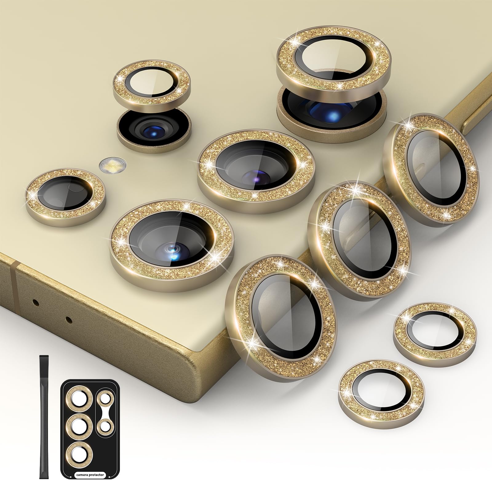 Kanosan Compatible for Galaxy S25 Ultra Camera Lens Protector Glitter Individual Aluminium Alloy Ring 9H Tempered Glass Bling Camera Cover for Samsung