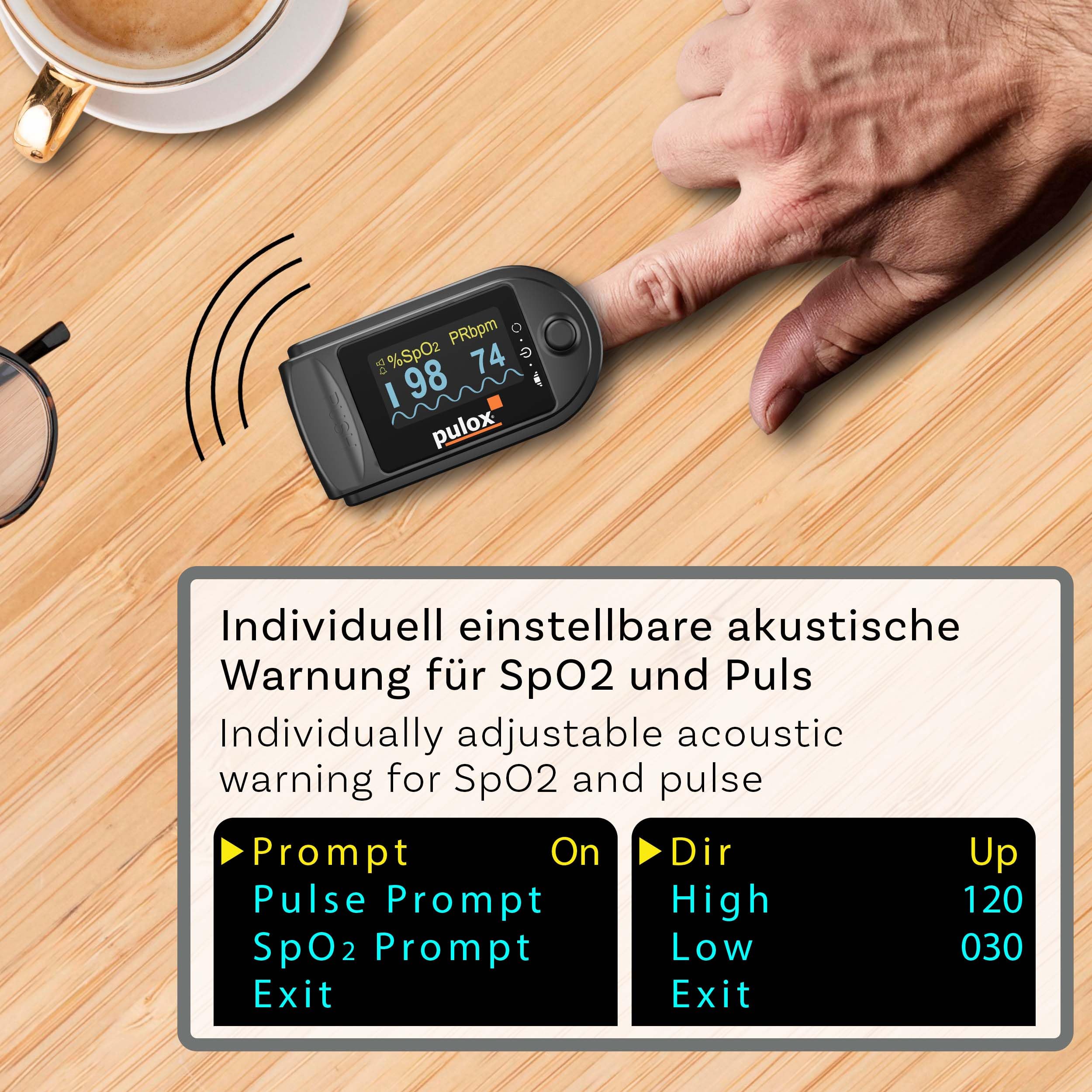 Pulox PO-200A Pulsoximeter Schwarz mit Alarm für SpO2, Puls & PI | Mit Pulston, Warnfunktion und Zubehör-Set zur Kontrolle von Sauerstoffsättigung, Herzfrequenz und Perfusionsindex