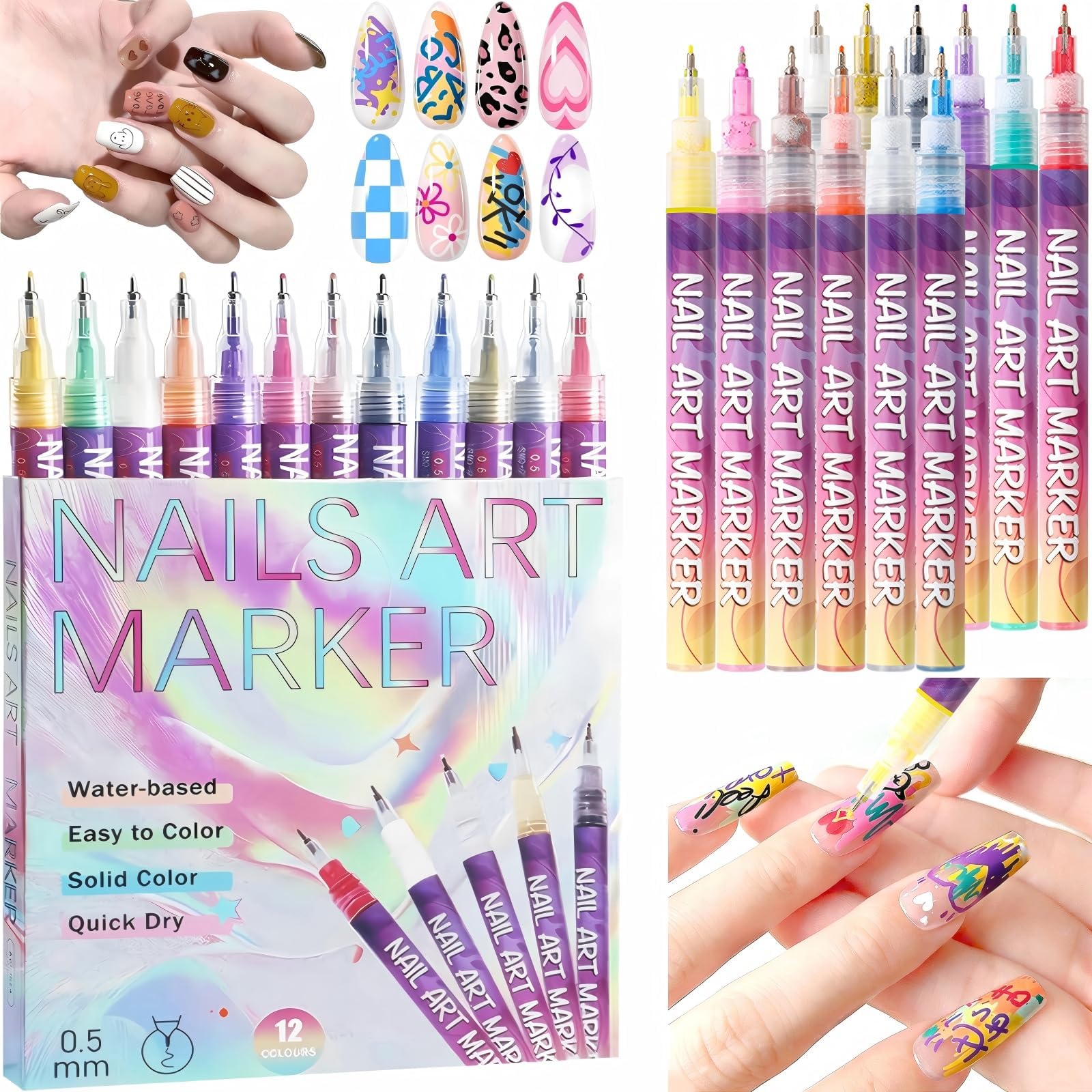 12 Colors Nail Art Pens Set, 2026 New Nail Art Markers Polish Pens for 3D Nail Art, Quickly Dry Nail Art Tools, Manicure Tools Nails Design Kit for Professionals, Girls, Beginners, Women