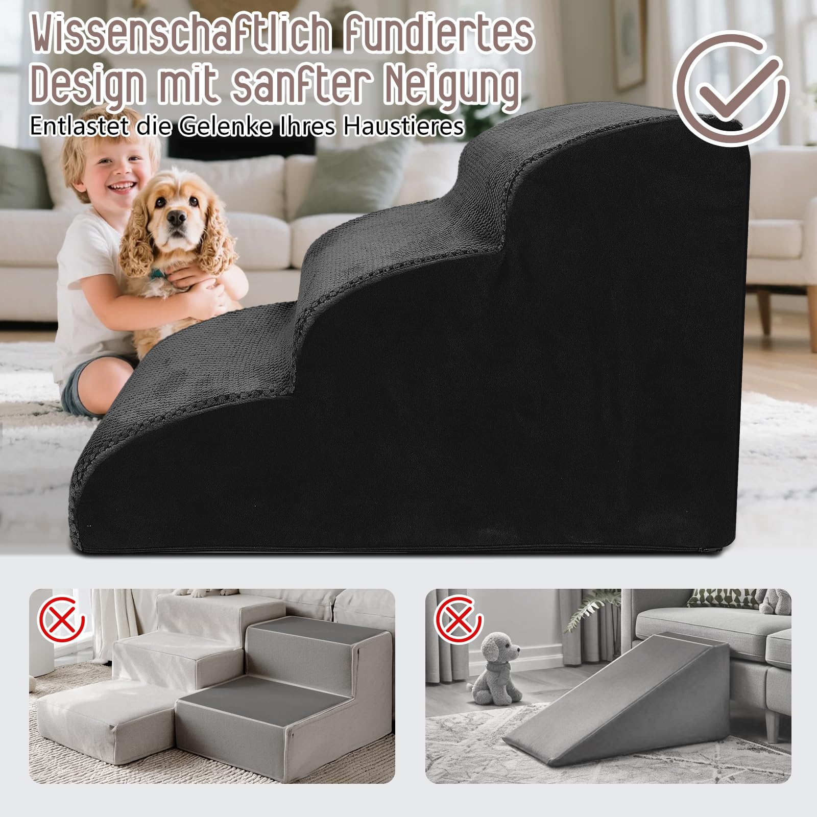 Thihome Scala per Cani di Piccola Taglia, 3 Livelli, Spugna ad Alta Densità, Altezza 40 cm, Rivestimento Lavabile, Rampa per Cani Antiscivolo per Letto e Divano, Colore Nero