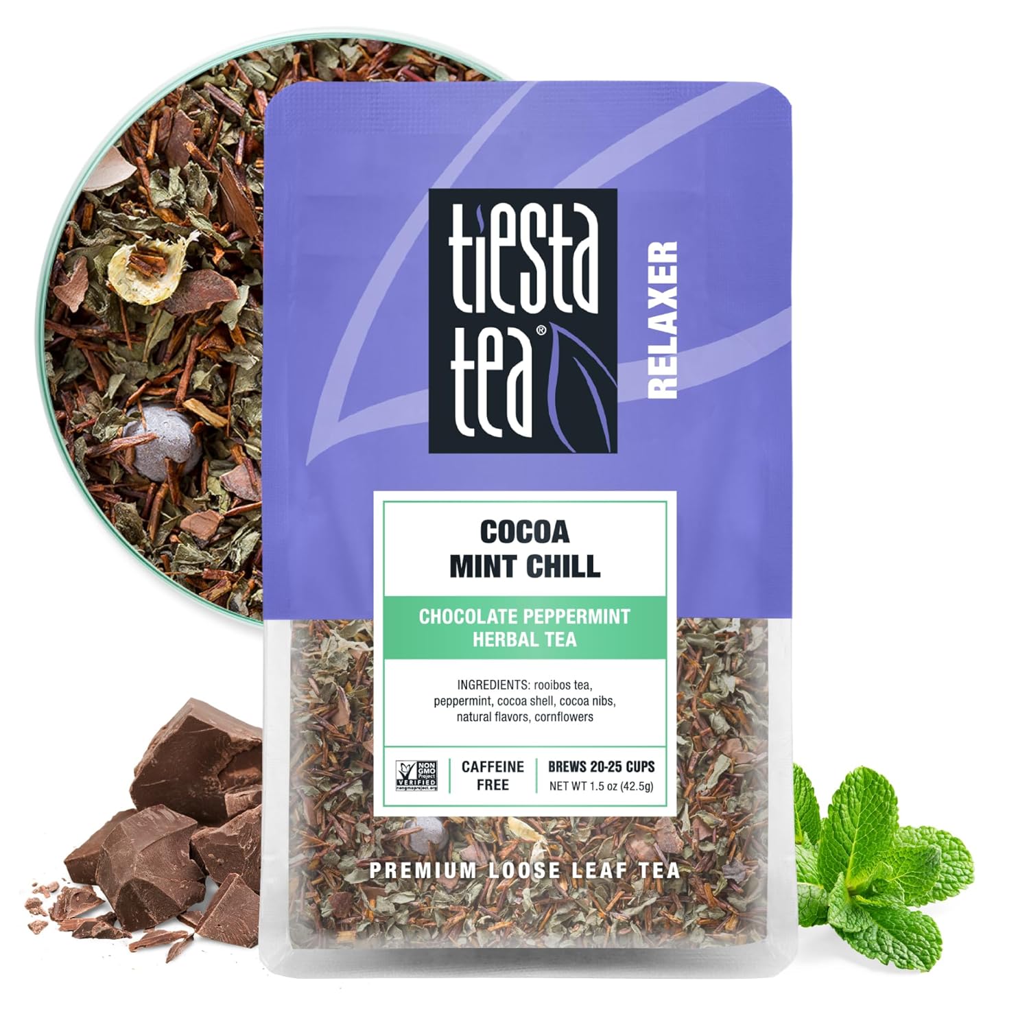 Tiesta Tea – Cocoa Mint Chill – Infusión de chocolate y menta, hojas sueltas, hasta 25 tazas, prémium, se puede hacer caliente o frío, sin cafeína,
