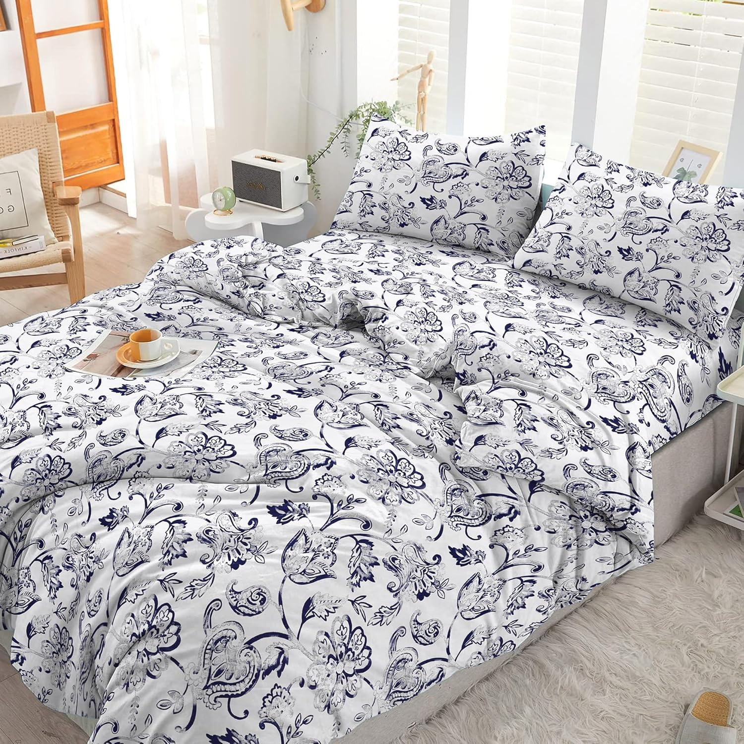 Reliancebedding 4-Piece Super King Size Duvet Cover Set – 100% Egyptian Cotton, 400 Thread Count Floral Print, Soft Luxury Duvet Cover with Fitted Sheet & Pillowcase — image 1
