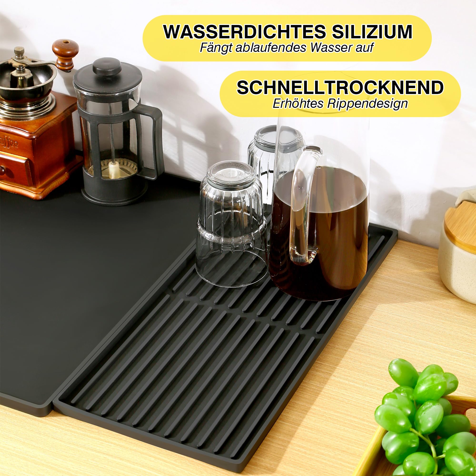 Abtropfmatte Geschirr, 40.5x61cm Unterlage Kaffeemaschine Matte Silikonmatte mit 19x40cm Abtropfmatte Spüle Trockenmatte Hitzebeständiges Rutschfeste, 2 en 1 Silikon Matte Unter Kaffe (Schwarz)