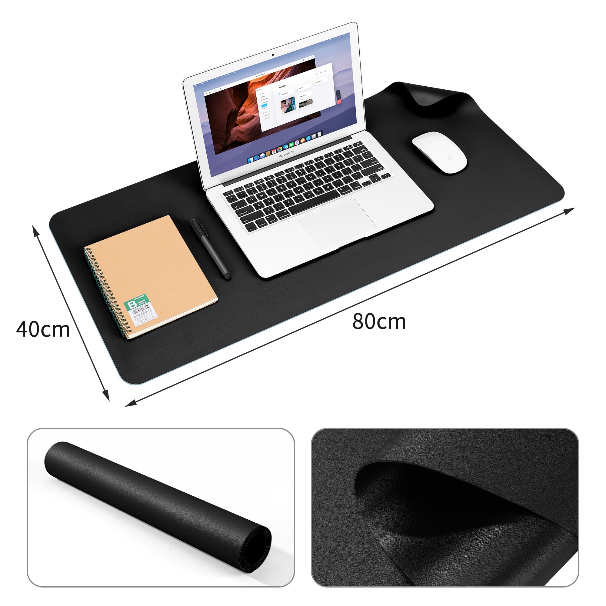 Pad per Scrivania Multifunzionale in Pelle PU Tappetino per Mouse da Gaming Grande Impermeabile per Ufficio e Casa, Dimensioni 80 x 40 cm (Nero)
