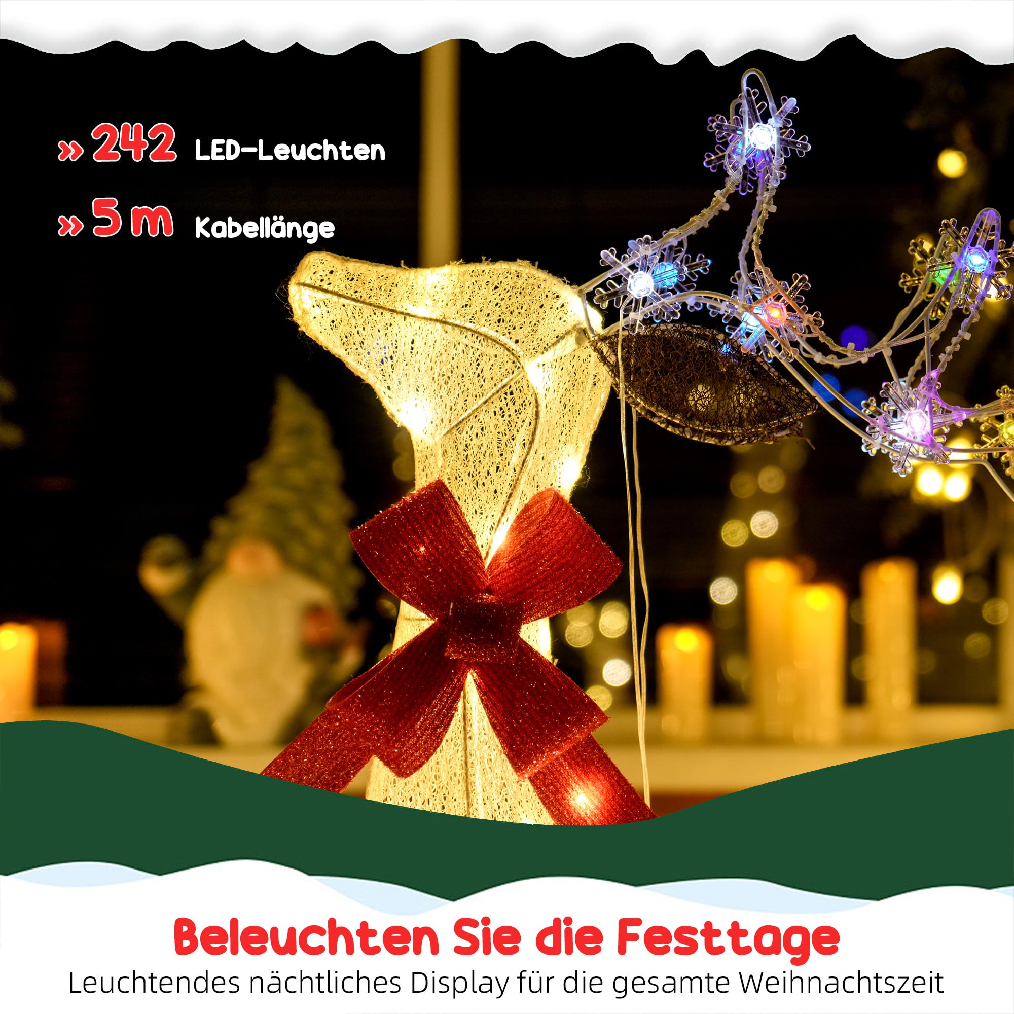 Outsunny LED Rentier Familie Weihnachtsdeko 242 RGB- und Warmweißen LEDs | Weihnachtsbeleuchtung, Weihnachtsdekoration, Weihnachtsfigur, für Außen & Innen