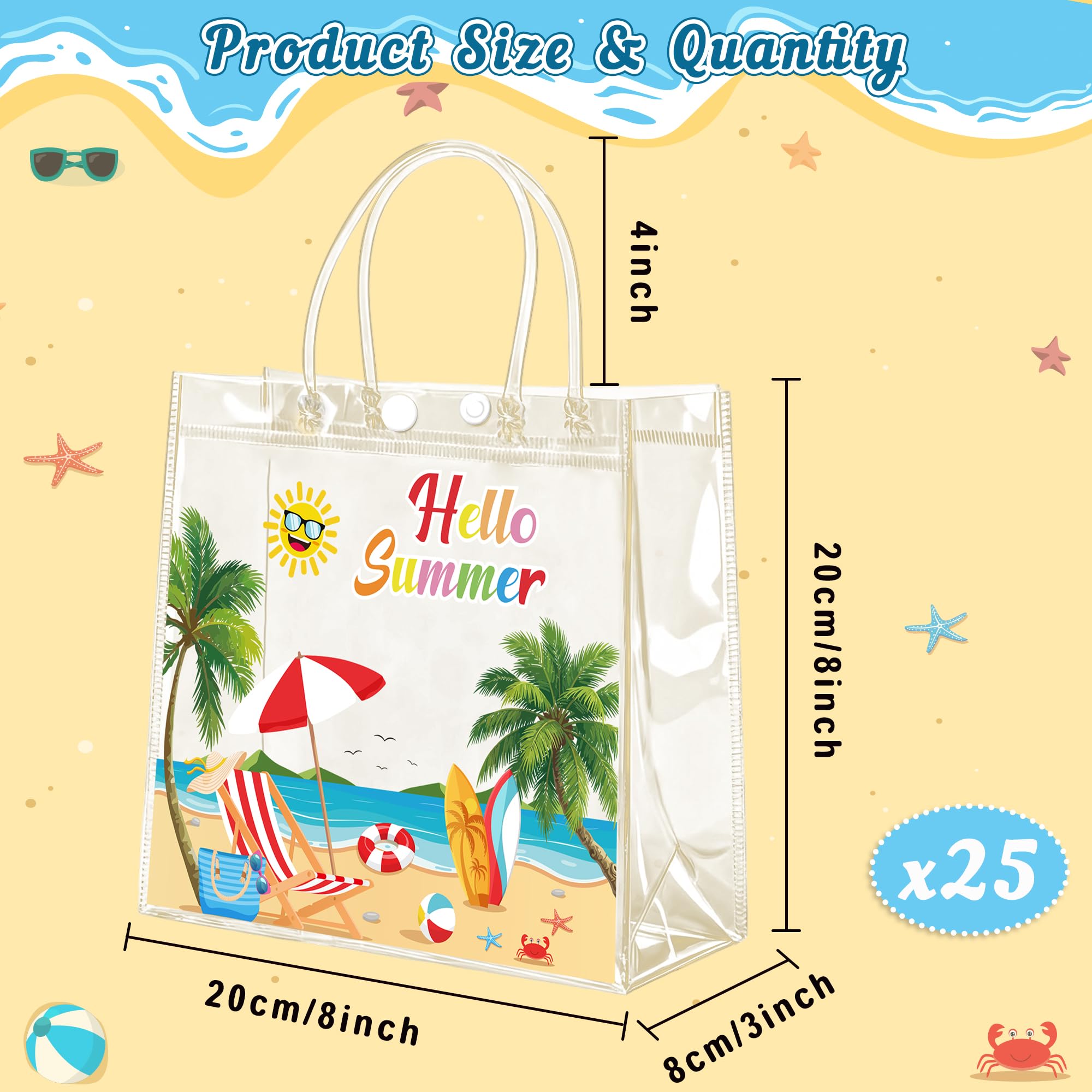 Renbuzhu 25PCS Summer Gift Bags Bulk 8 x 8 x 3Inches: Clear PVC Transparent Bag Waterproof Tote with Handles Beach Pool Birthday Tropical Party Supplies