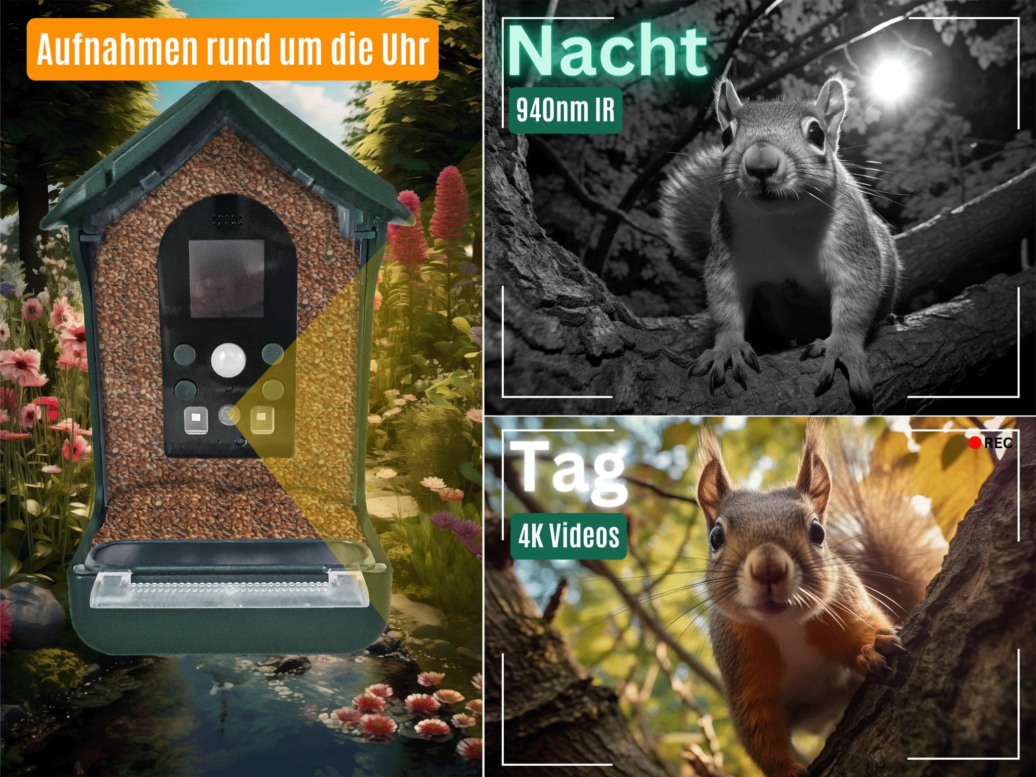 Berger & Schröter | Karmnik dla ptaków z kamerą 1080P, 940 NM Solar Water Beat Automatyczny IR LED/Nagrywanie zdjęć ptaków, wykrywanie ruchu, noktowizor