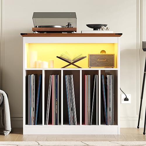 Miniatura 2 de MHOM Farmhouse - Soporte grande para tocadiscos con tomas de corriente y luces LED, soporte para discos de vinilo con capacidad para hasta 150