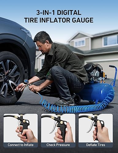 Miniatura 6 de AstroAI Medidor digital de presión de neumáticos con inflador, portabrocas de aire de 250 PSI y accesorios de compresor de alta resistencia con