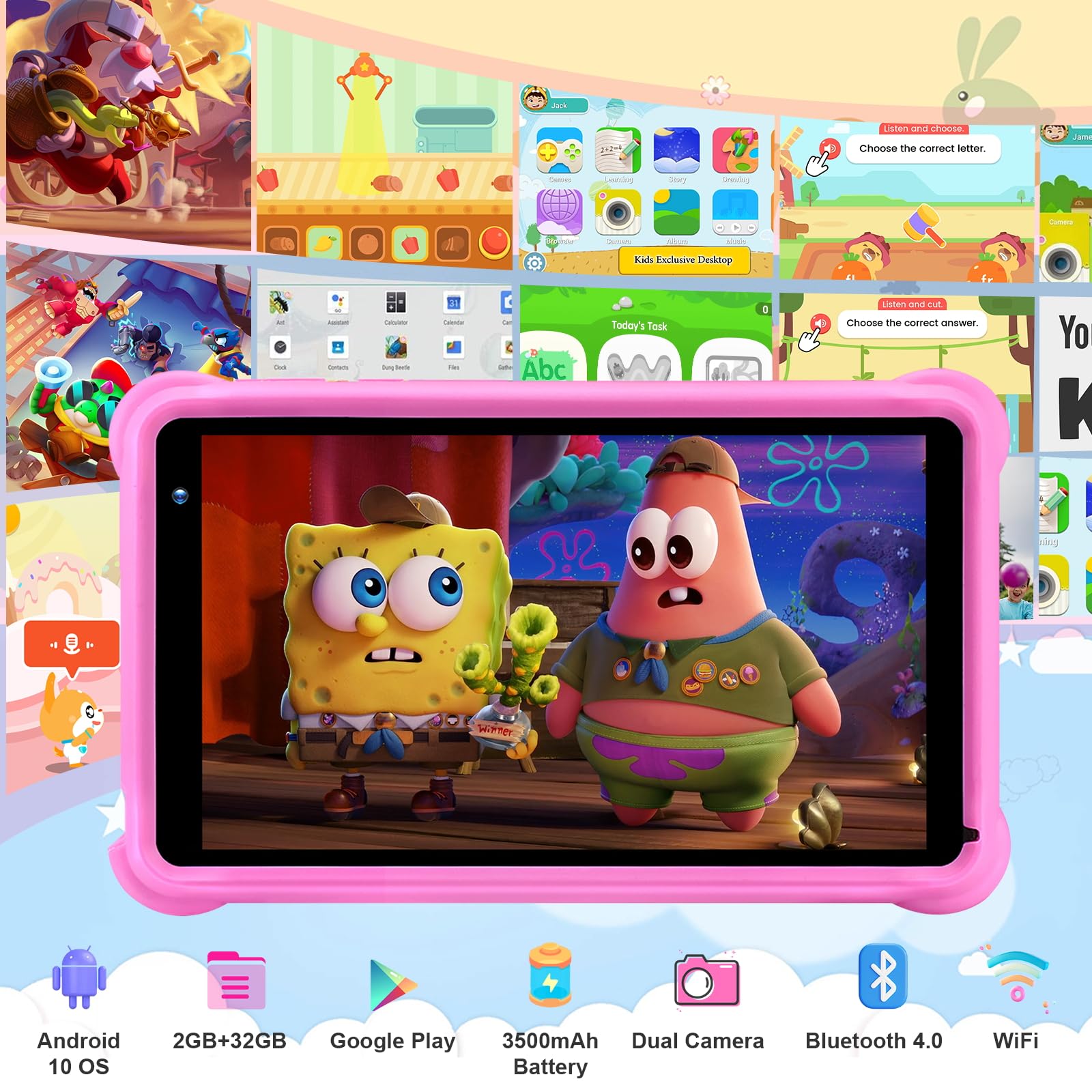 Tablet Bambini Yicty 10 Pollici Android 12 – Quad Core, 2GB RAM, 32GB ROM, Schermo HD IPS, WiFi E Bluetooth Per Gioco E Apprendimento