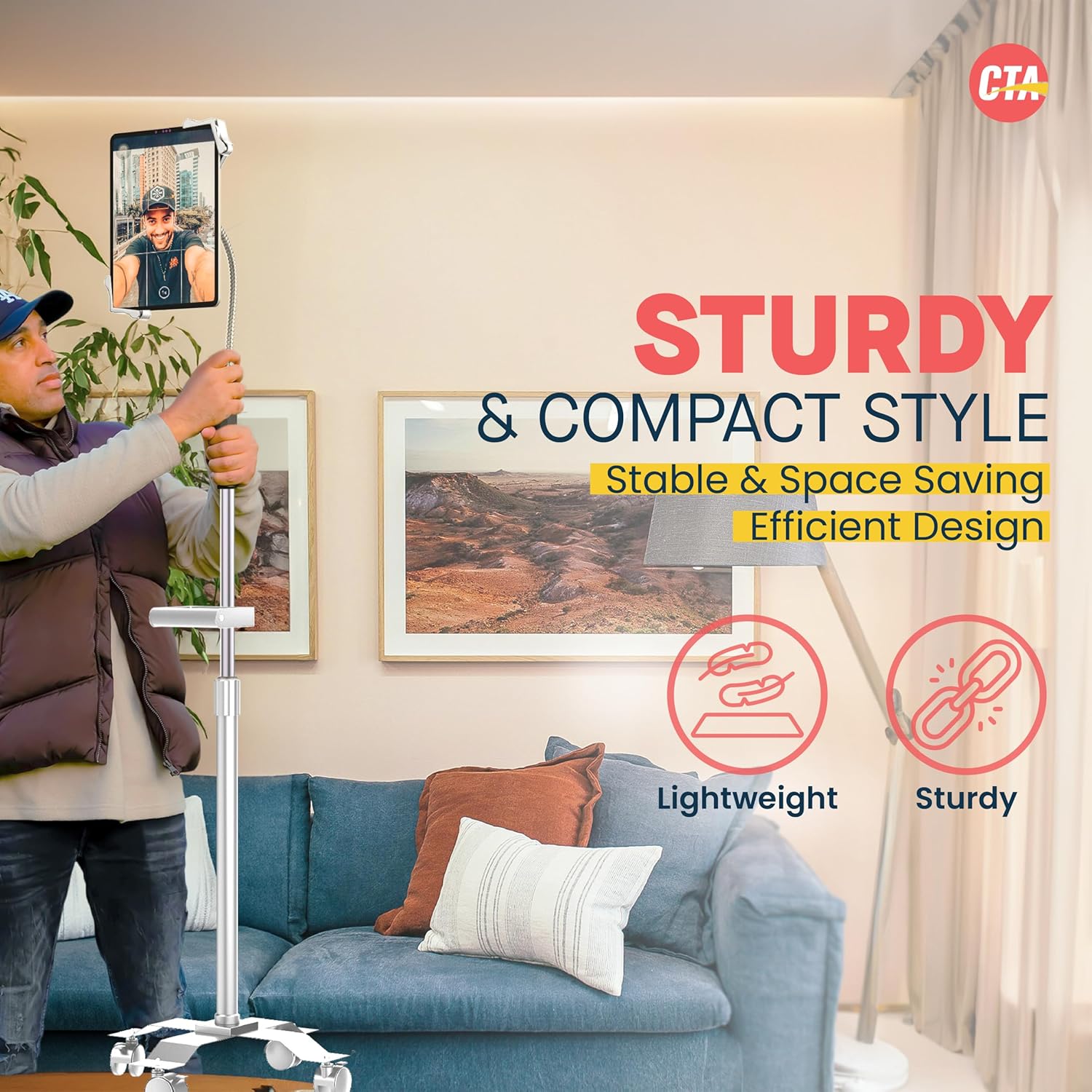 Rolling Gooseneck Floor Stand | CTA Rolling Gooseneck Stand W/Metal Basket, Cradle, and Handle | for Apple iPad 7/8/9 Gen. 10.2" Inch | iPad Pro 11" Inch & 12" Inch | Samsung A7 & A8 | (PAD-CGSWAO)