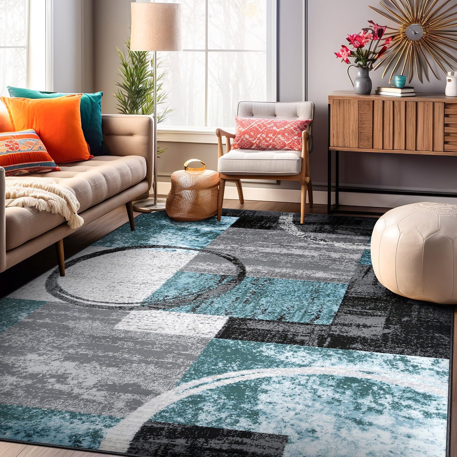 Rugshop Contemporary Circle Design Area Rug, Durable Fade-Resistant Carpet Alfombras for Bedroom, Living Room and Dining Room, Gray, 5'3" x 7'3"