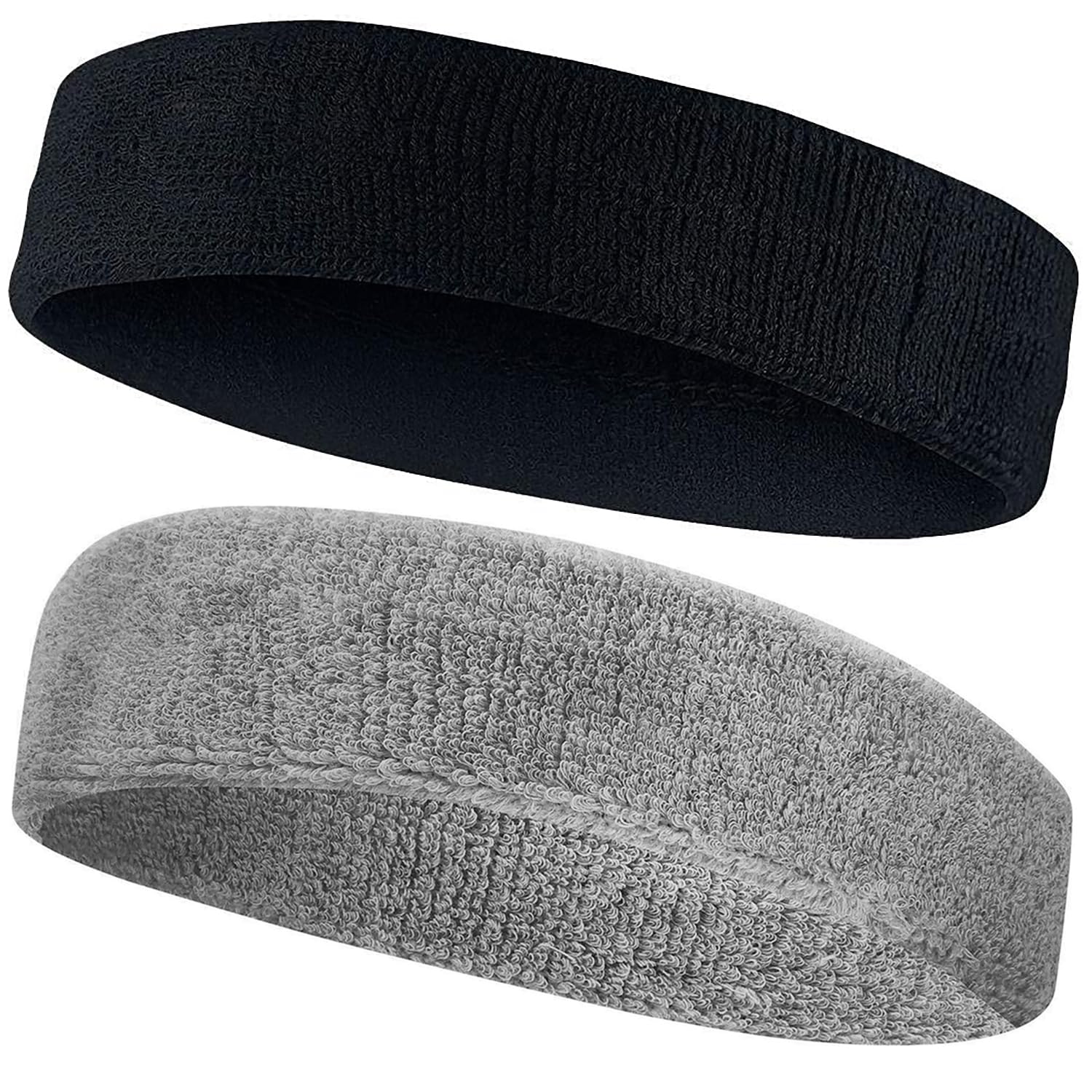 AMIFIT Sport Headband for Men and Women - Sports Headband for Workout & Running, Breathable, Non-Slip Sweat Head Bands for Long Hair, Pack of 2 (Black & Grey)