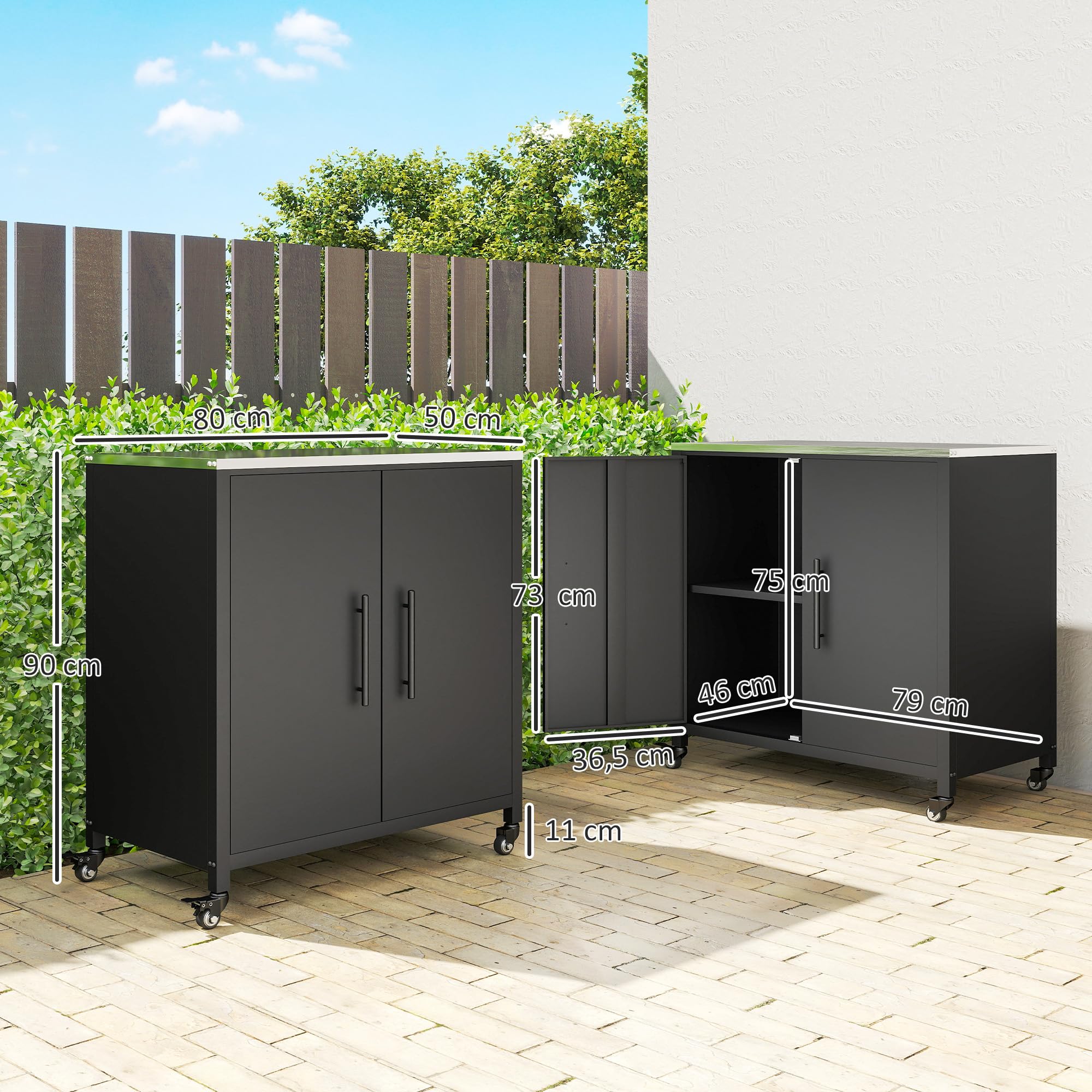 Outsunny Armoire de Jardin en Métal Extérieur roulettes 80x50x90 cm Noir | Armoire de Rangement de Jardin, Toit en Acier Inoxydable, Portes Magnétique, Étagère Amovible