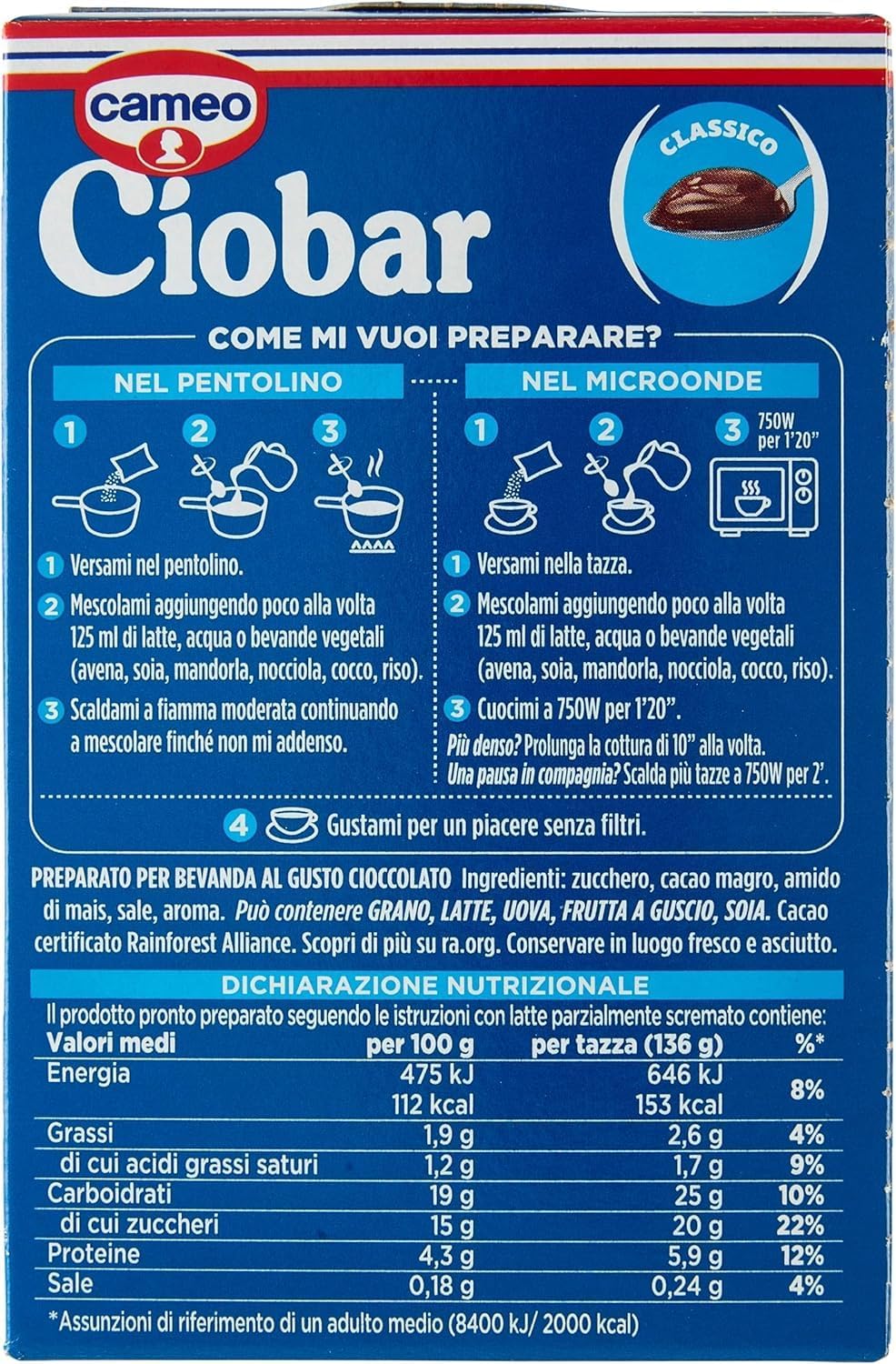 Italian Gourmet Ciobar Classico Chocolat Cameo – Chocolat Chaud Épais & Crémeux, Préparation en Poudre pour Boisson Cacao, Lot de 6 x 125 g (750 g) + Italian Gourmet Polpa