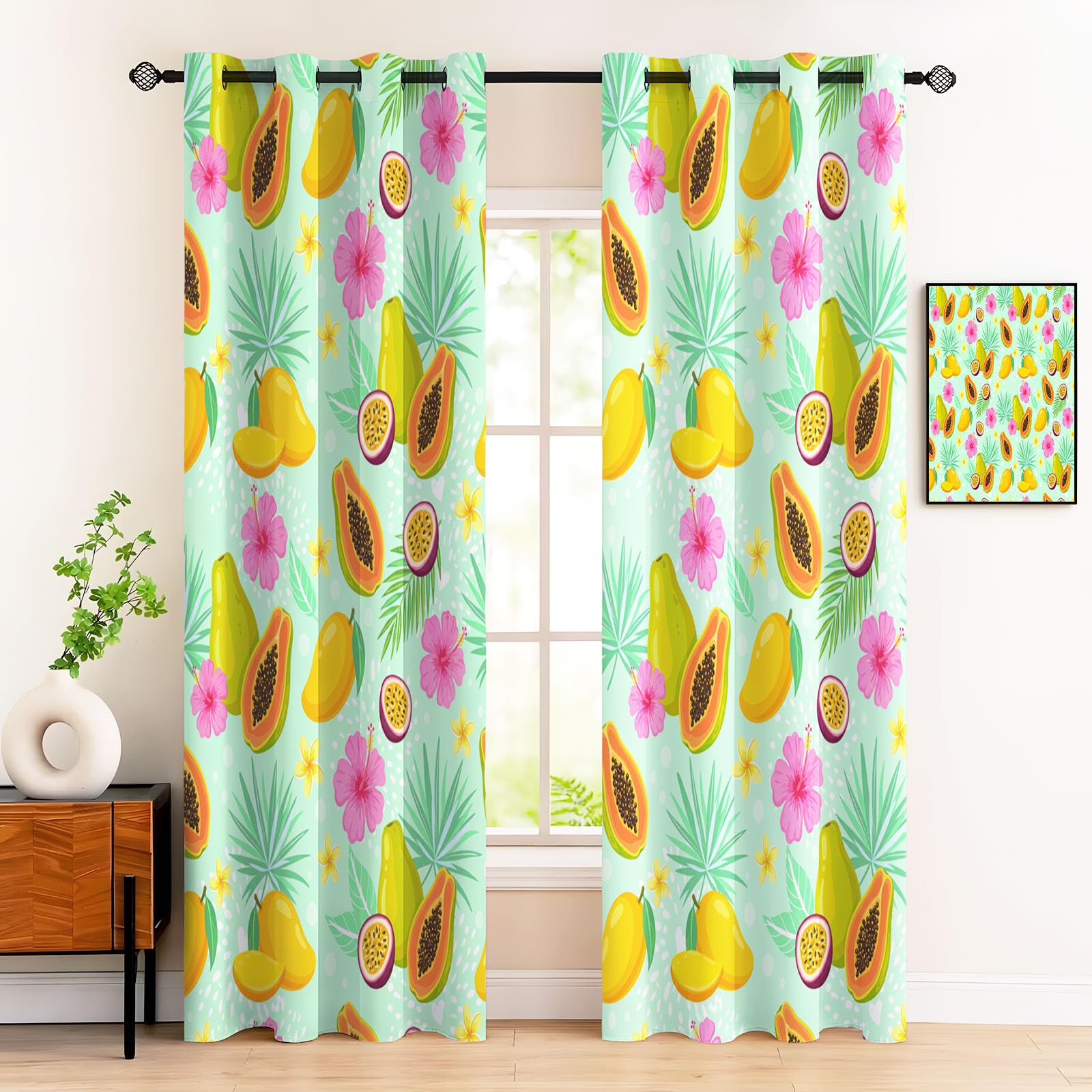 Frutas Tropicales Cortinas Opacas De Diseños Mango Papaya Salon Dormitorio Decoración De La Ventana, 2 Piezas Cortinas Ollaos Verde Claro, Aislantes Frio Y Calo 140An X 245Al Cm