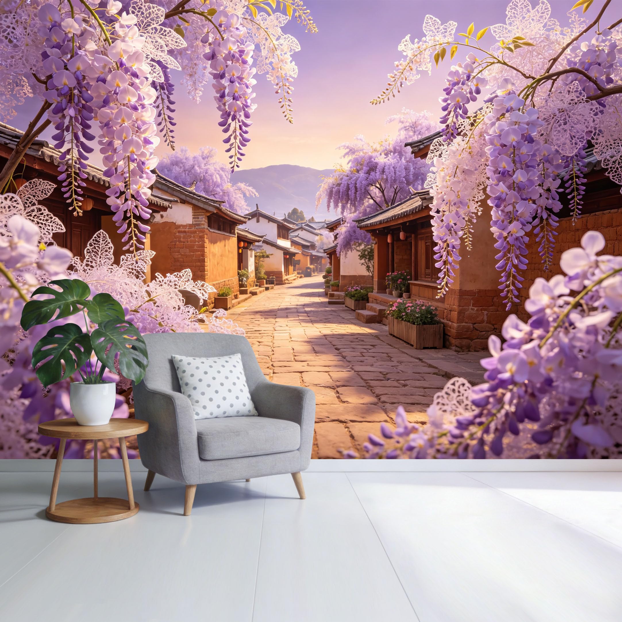 Custom Size Wall Mural Wisteria Blossom Street Landscape Mountain View Botanical Watercolor Style SelfAdhesive Wall Fabric Removable Wallpaper for Home Office Decor