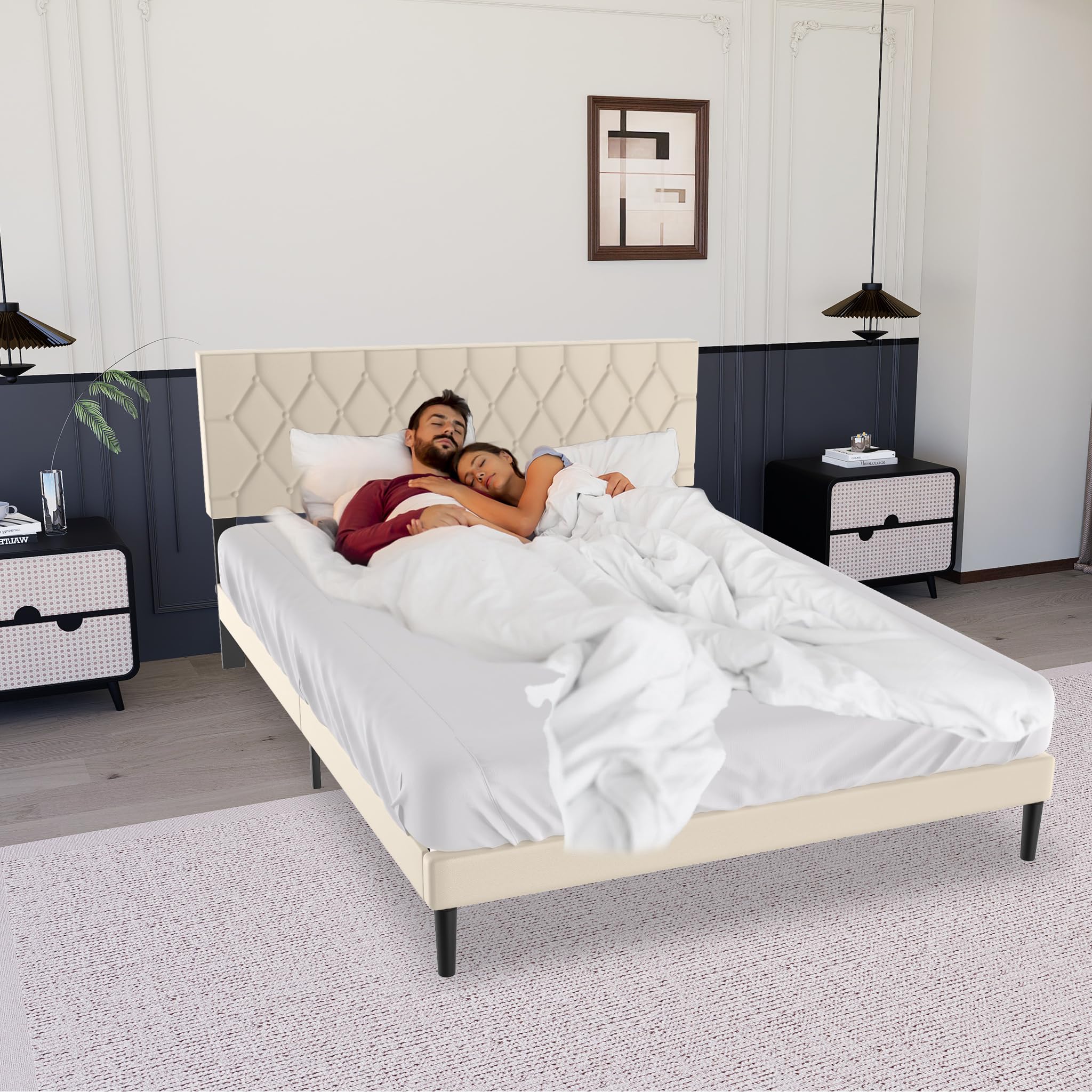 UISEBRT Letto imbottito 160 x 200 cm - Telaio con bottoni e testiera imbottita in ecopelle - Supporto in legno - Letto matrimoniale moderno