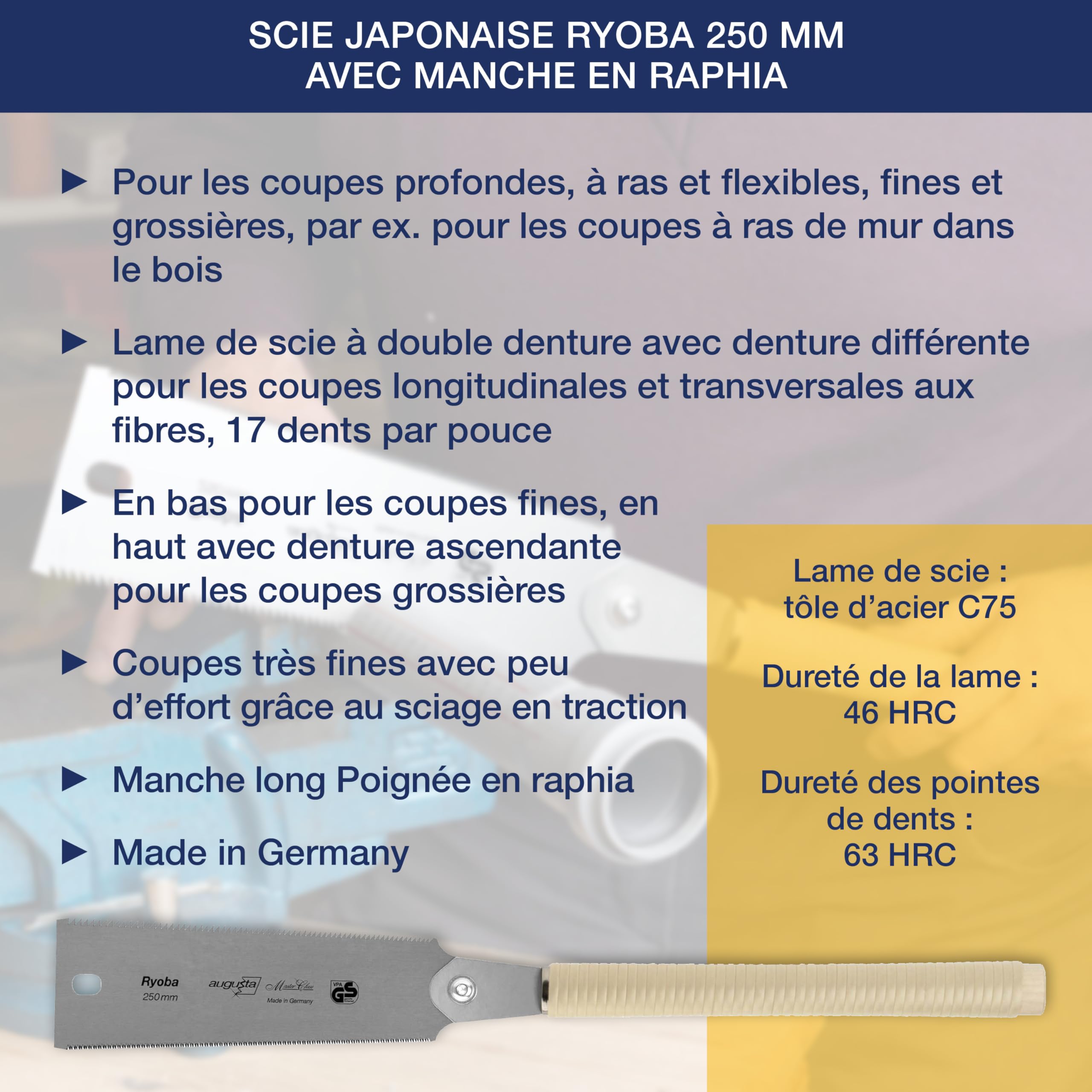 Augusta-Heckenrose scie japonaise Ryoba 240 mm I Scie traditionnelle acier C75 découpes fines et grossières I Scie à bois dentée flexible et poignée