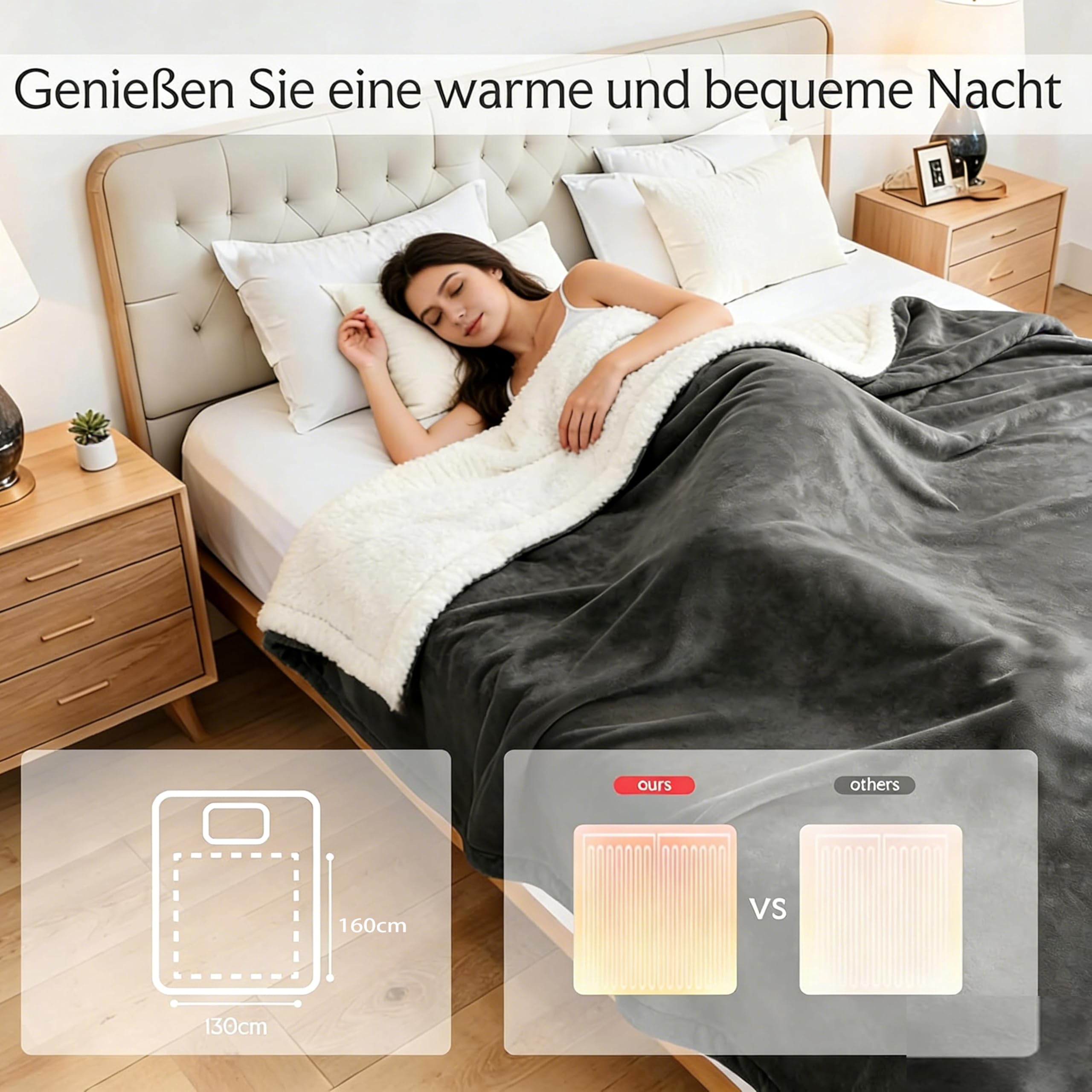 Manta térmica eléctrica130x160cm, 9 niveles de calor y temporizador de 9 horas, franela de algodón, protección contra sobrecalentamiento, lavable a máquina, apta para cama, sofá, gris hierro