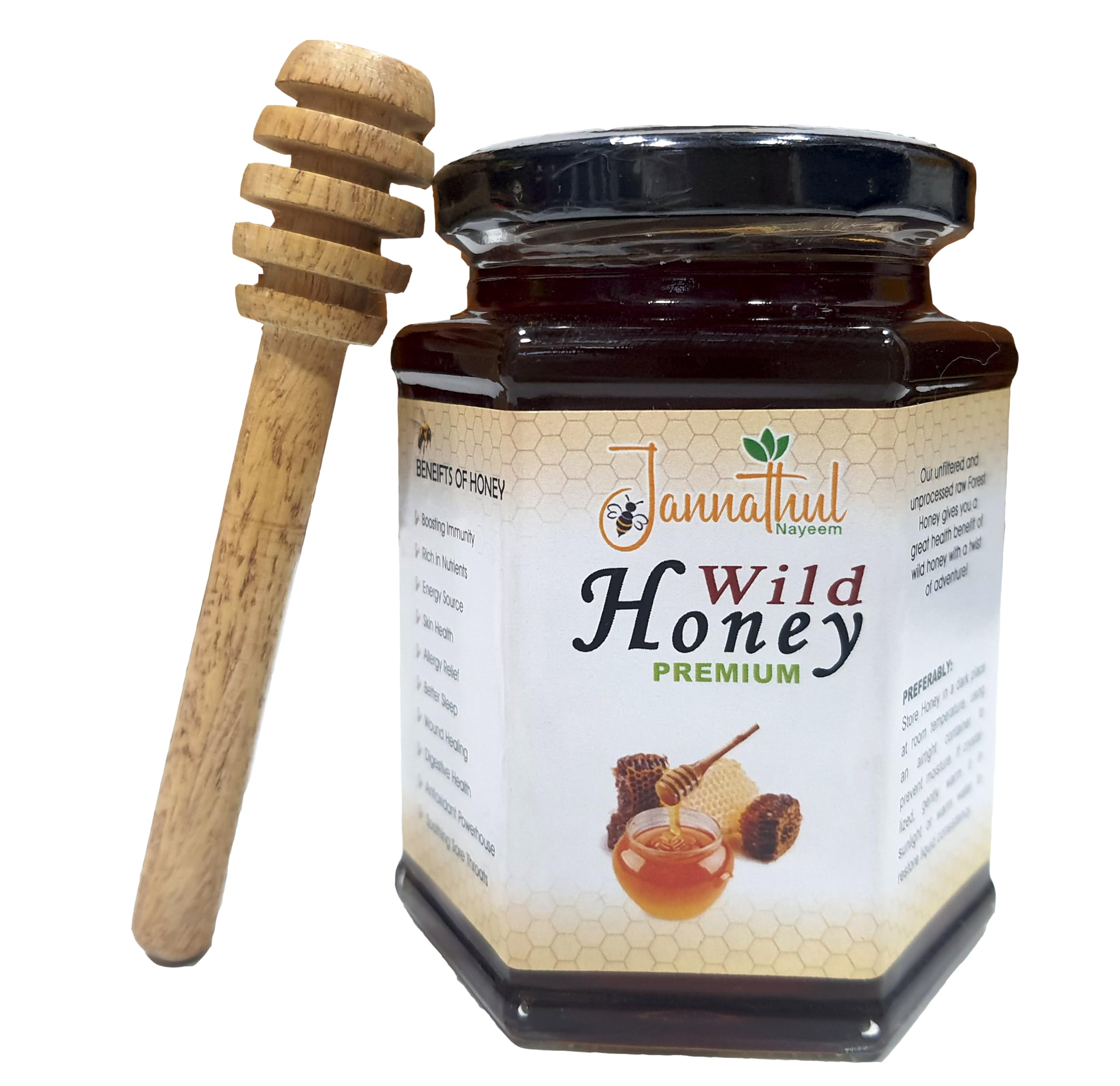 Jannathul Nayeem 100% Pure Raw Wild Honey | Unprocessed, Natural, Organic Forest Honey Packed in Glass Bottle with Honey Stick | Healthy and Delicious -350g