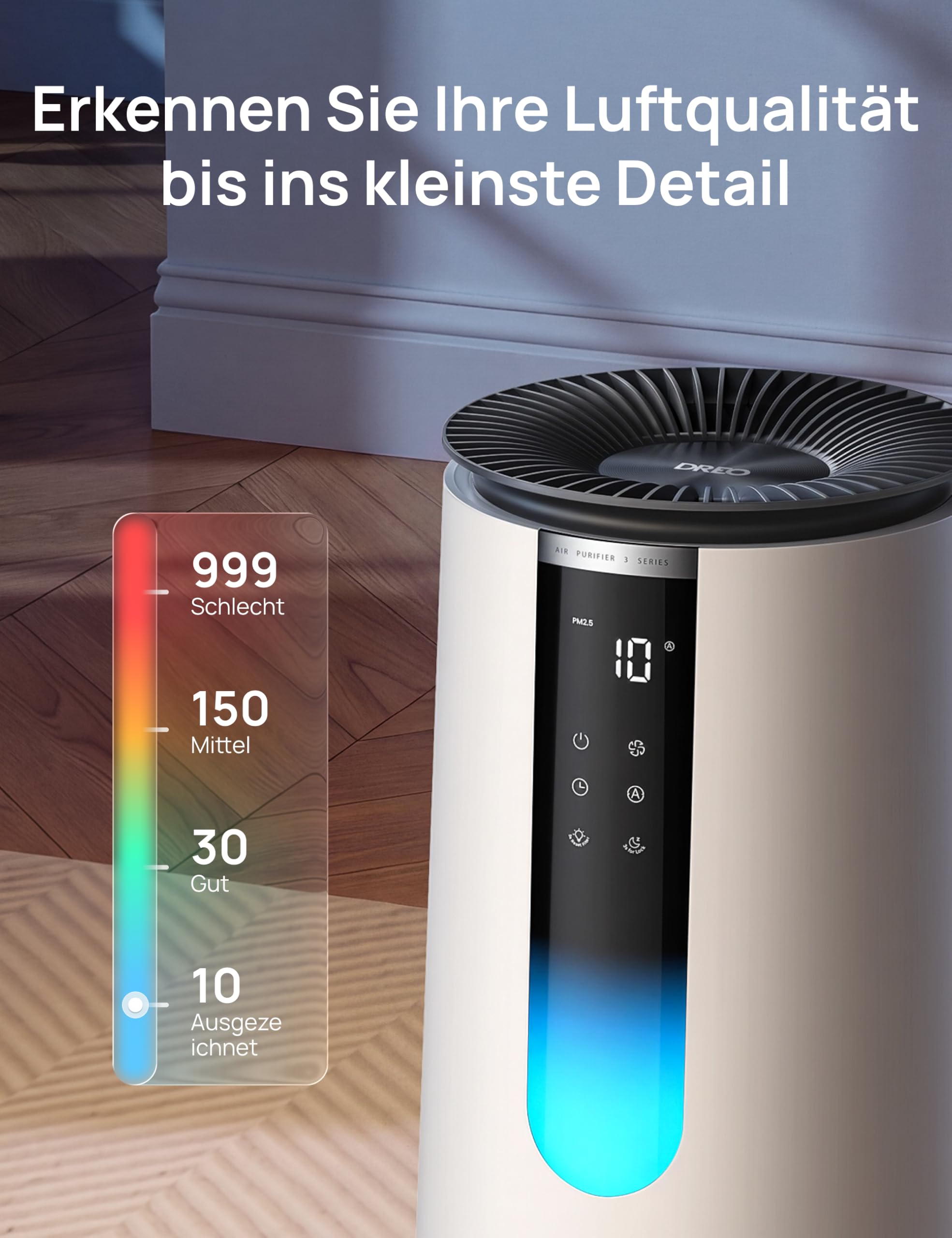 DREO-Luftreiniger für Schlafzimmer 195 m³/h CADR, Luftreiniger 338S,3-in-1-HEPA-Filter, 4 Modi, 4 Geschwindigkeiten, 18 dB,AQl-Display, PM2,5-Sensor, Auto-Modus, Aromakissen,WLAN/Sprachsteuerung/Alexa