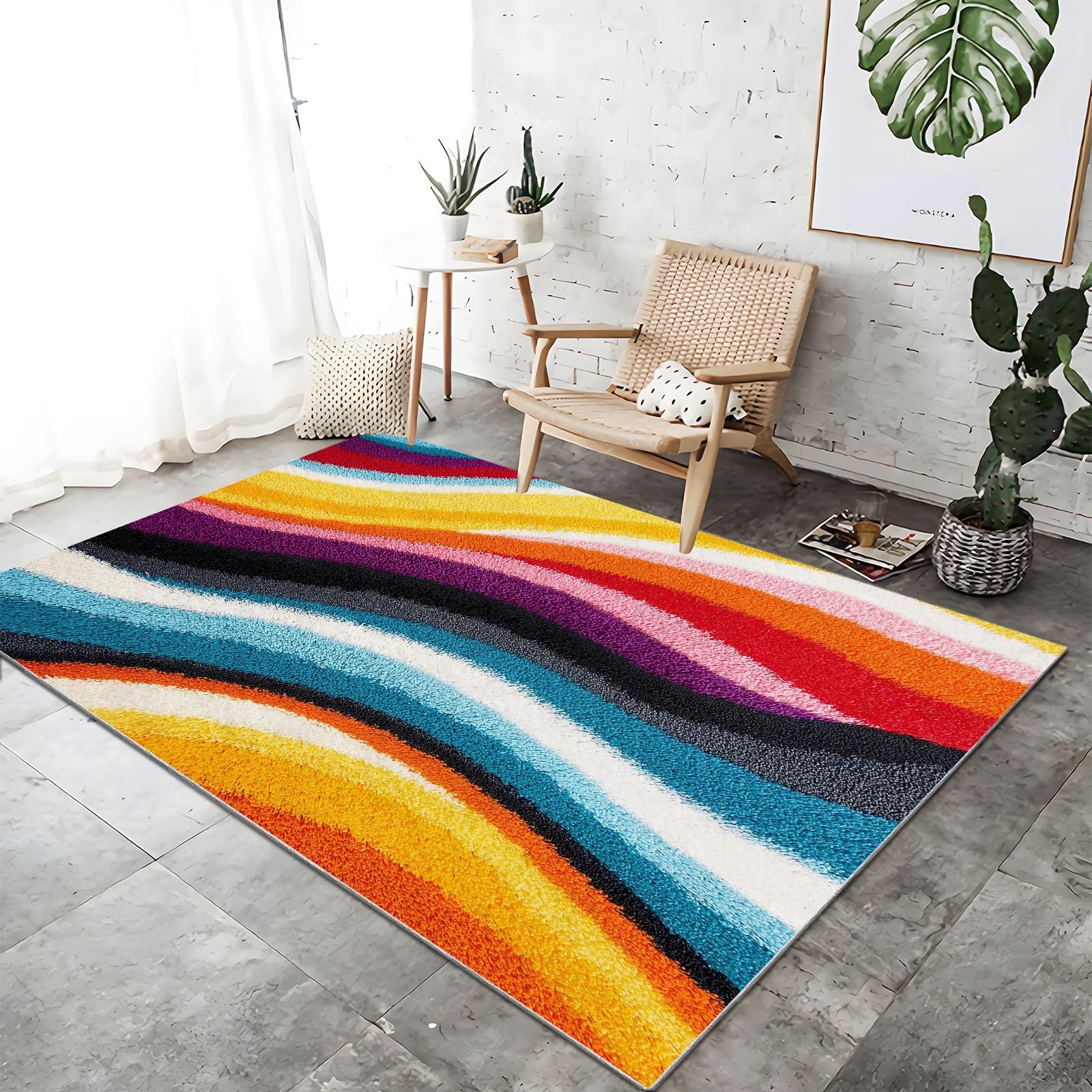 Tapis interieur exterieur vagues abstrait jaune et bleu