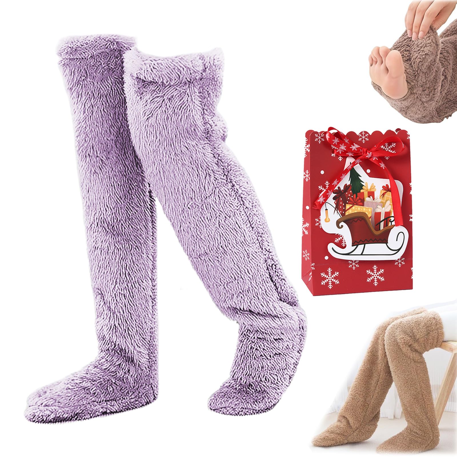 NNBWLMAEE Goose Down Knee Socks for Christmas, Socks Long Fuzzy Thigh High Warm, Thickened Goose Down Leg Warming Knee socks, Plush Warmth Long socks, for the Winter, Adult Men and Women (purple)