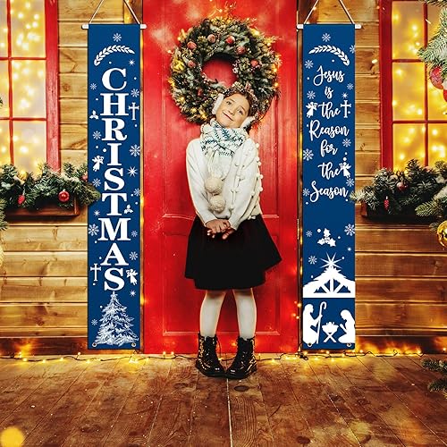 Miniatura 7 de 2 carteles de Navidad para porche con escena de pesebre de Jesús es la razón de la temporada, pancartas religiosas para puerta santa para puerta