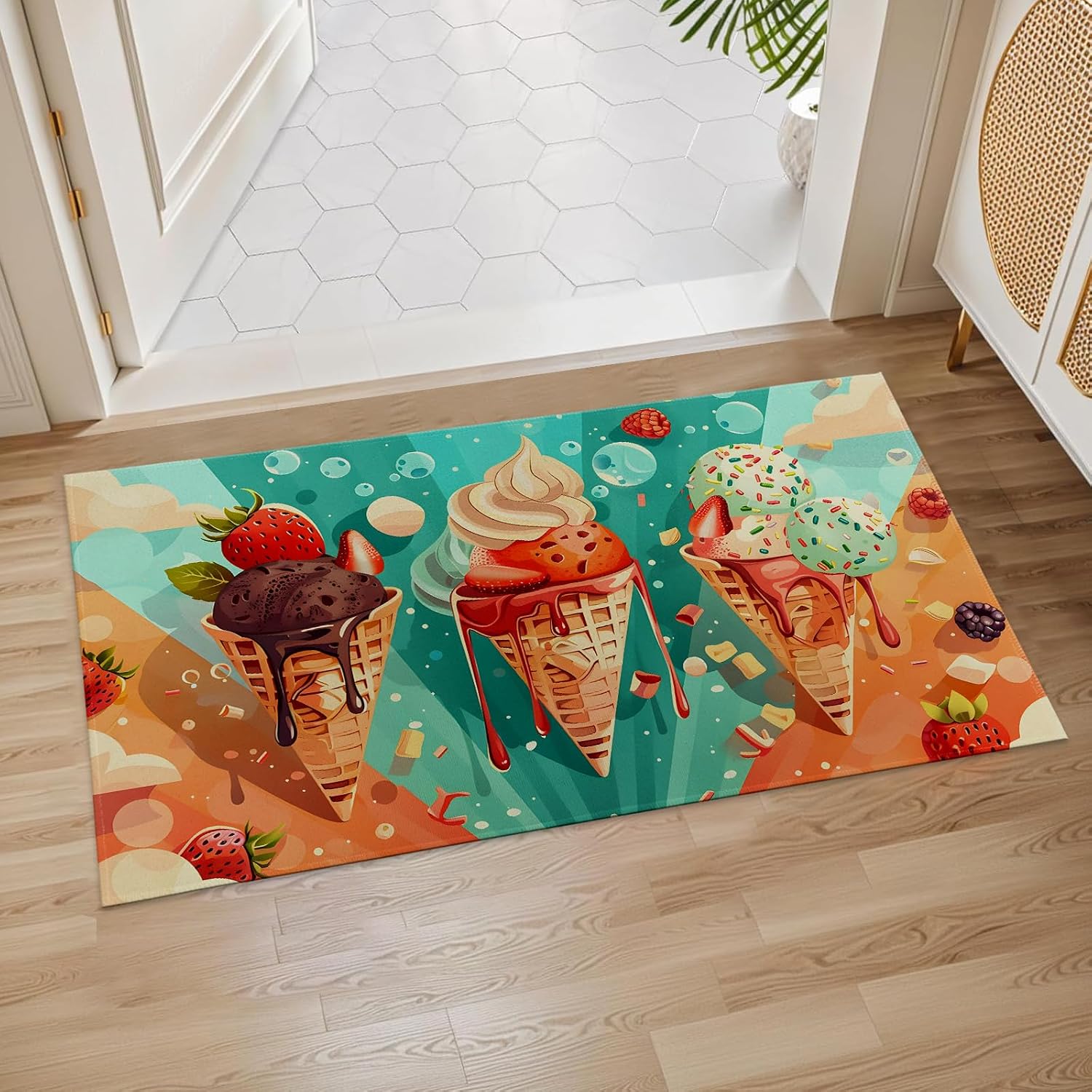 Ice Cream Indoor Door Mat, 17x29.5 Inch, Floor Area Rug for Entryway, Living Room, or Bathroom, Non-Slip Doormat, Colorful Dessert Sweet Treat Design Home Decor Rug Gifts