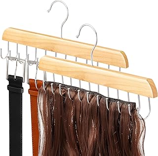 【2 Pack】 Wood Hair Extension Holder for Hair Storing, Washing, Drying, Coloring, Styling, Foldable Belt Hanger, Rotating Multi-Purpose Hooks Hanger, Hanging Closet Organizer