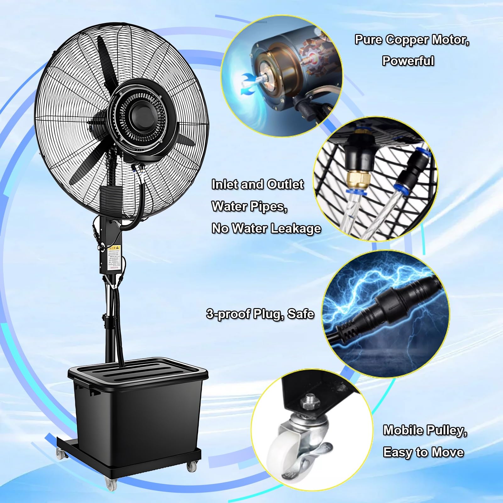 Generico Sollevabile Ventilatore con Nebulizzatore, Raffrescatore ad Acqua, 26in 30in Ventilatori a Piantana Fan Potente Industriale 90º Oscillante con Serbatoio e Ruote(320W/26in)