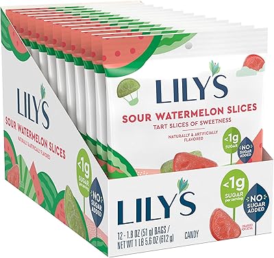 LILY'S Sour Watermelon Slices, No Sugar Added Sweets Bags, 1.8 oz (12 Count)