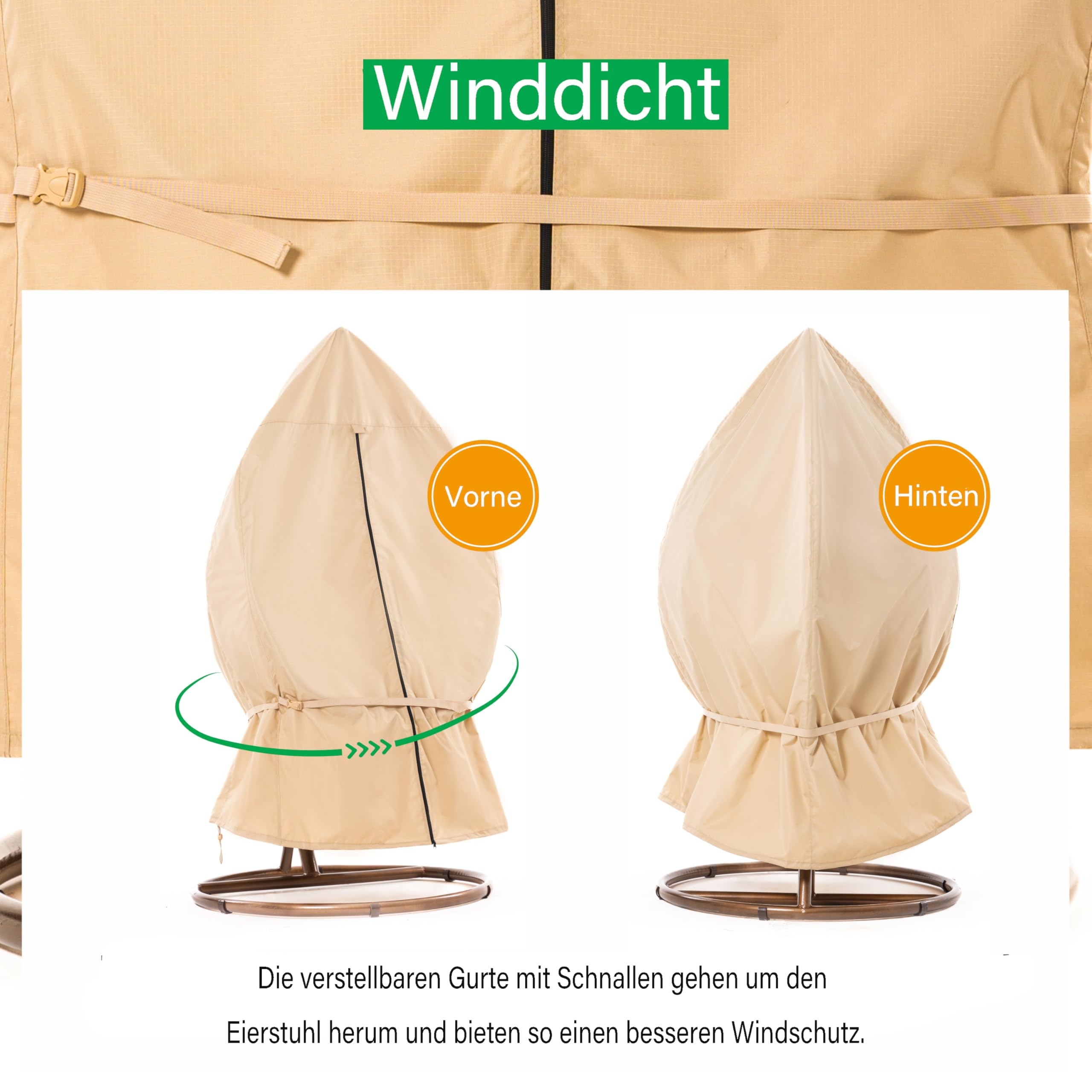 F&J Outdoors wasserdichte Garten Kreis Stuhlabdeckungen Patio Hängende Schaukel Stuhl 114x178cm Schutzhülle für Balkon Korb Stuhl Taille Festziehen Reißverschluss Beige Ei Stuhlabdeckung Heavy Duty