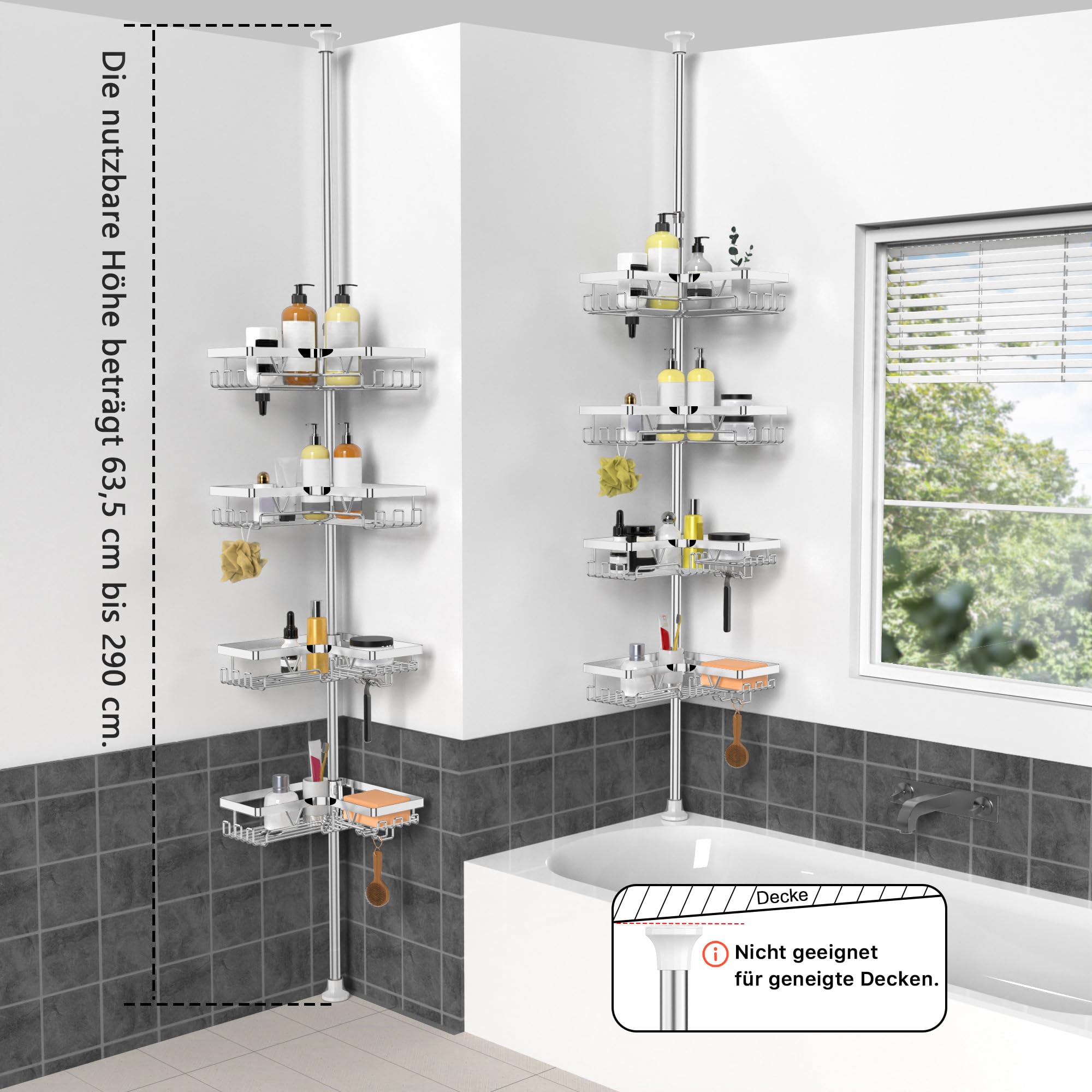 KEGII Teleskop Duschregal Chrome - Duschablage Ohne Bohren 4 Stück | Teleskopregal Eckregal, für Bad und Badewanne, Einfache Montage, Höhenverstellbar, Mit Haken/Seifenhalter/Rasiererhalter