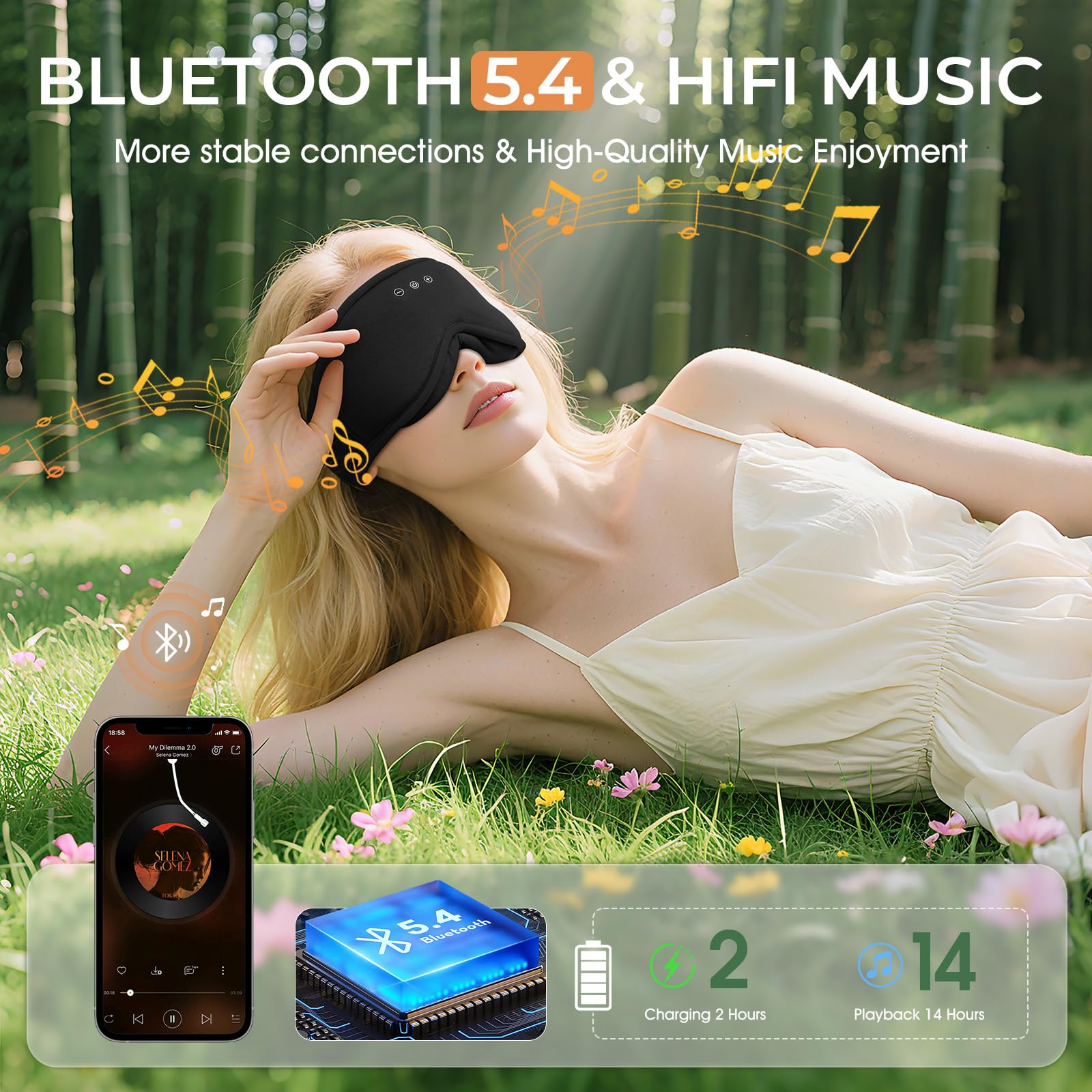 MUSICOZY Máscara de dormir con auriculares Bamboo Black MI
