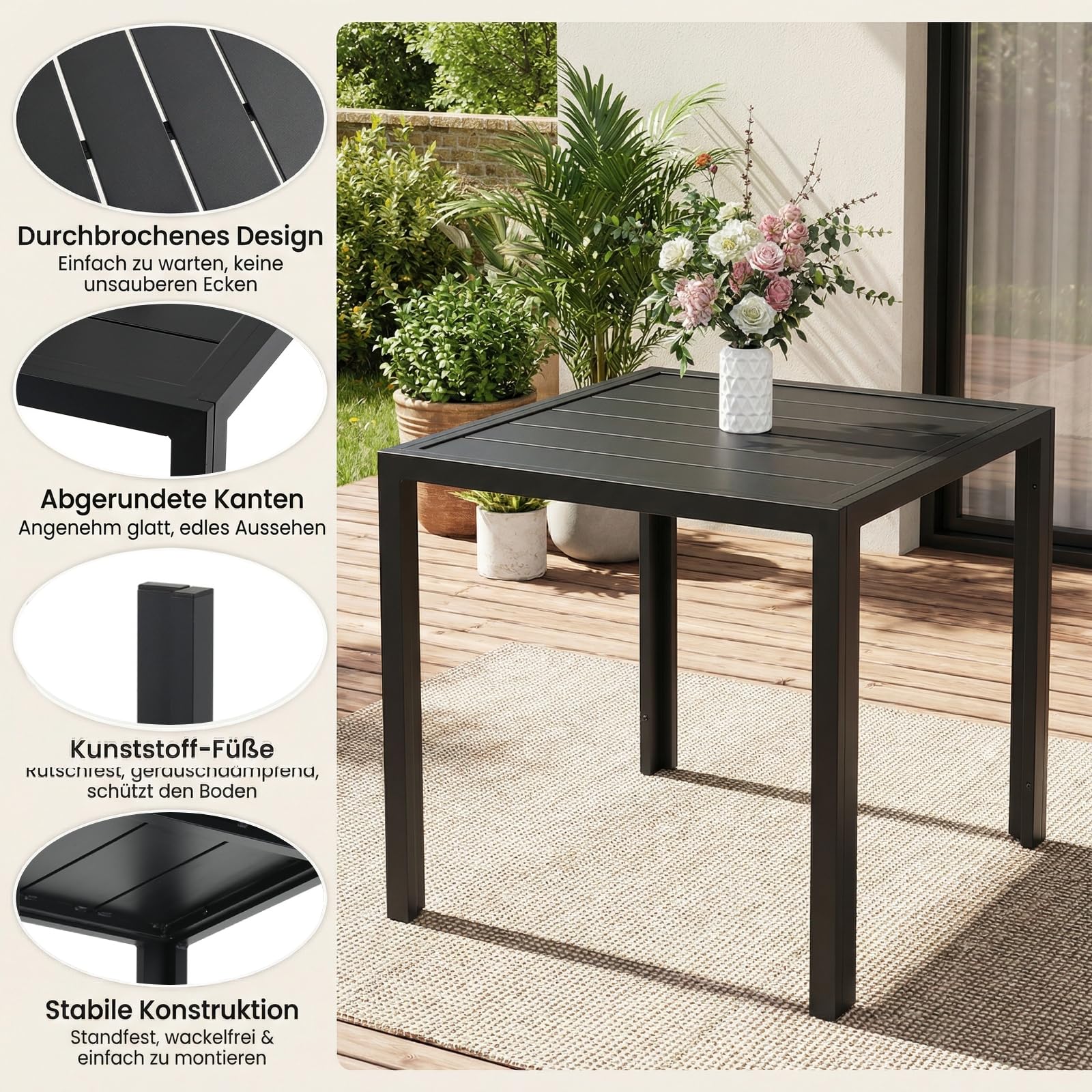LIFERUN Gartentisch Wetterfest klein, 75x75 cm Aluminium Balkontisch | Outdoor Quadratisch Terrassentisch Vollmetalltisch für Garten, Terrasse und Balkon, Schwarz (11 cm schmales Brett)