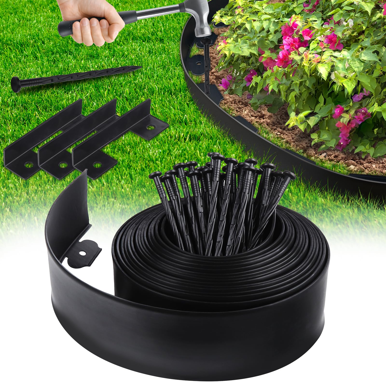 Landscape Edging Border No Dig - 40FT 4IN Tall Garden Edging Border with 40 Stakes, Plastic Garden Fence Lawn Edging Flexible for Landscaping, Flower Beds, Yard, Pathway with Connectors