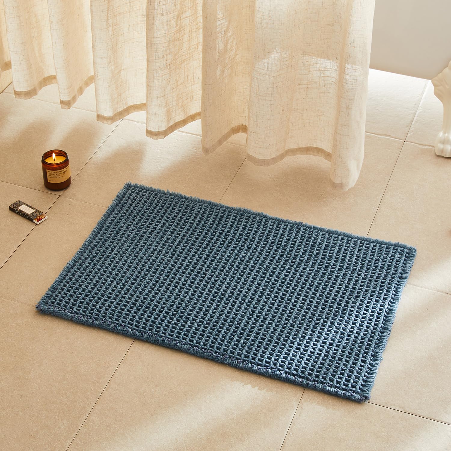 TYUU Waffle Bath Mat, Boho Bathroom Rugs Non Slip, 30x20 Denim Blue