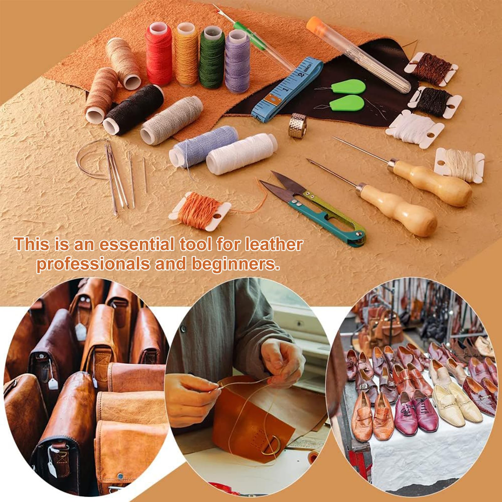 Kit Da Cucito Professionale Per Tappezzeria E Pelle, 13 Pezzi Con Aghi Curvi, Punteruolo, Filo Resistente 50m E Forbici - 2