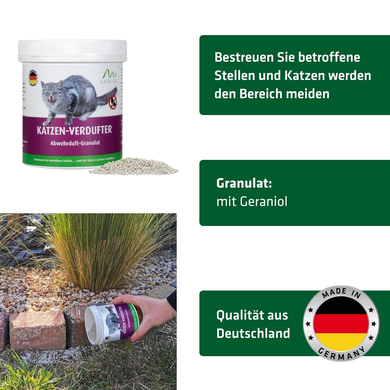 GARDIGO® Katzenschreck Granulat - Katzen-Verdufter | 300g | Made In Germany I Mit Geraniol I Katzenabwehr Für Haus, Garten, Garage Und Grundstück | Katzenvertreiber Für Draußen | Katzen Fernhalten - Foto 9