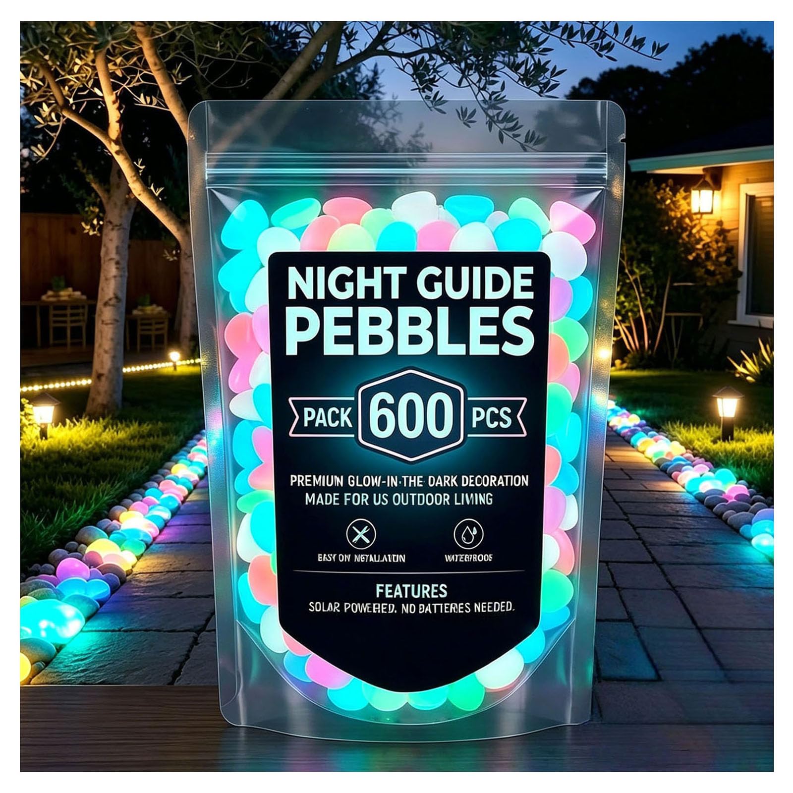 Glow in the Dark Garden Stones Colorful Luminous Pebbles for Outdoor Walkways & Yard Decor, Night Guide Glow Rocks for Garden, Fish Tank, Pathway, Magical Landscape Lighting (Colorful,600pcs)