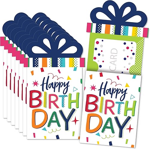 Big Dot of Happiness Cheerful Happy Birthday Coloridas fundas para dinero y tarjetas de regalo para fiestas de cumpleaños Juego de 8 tarjeteros de