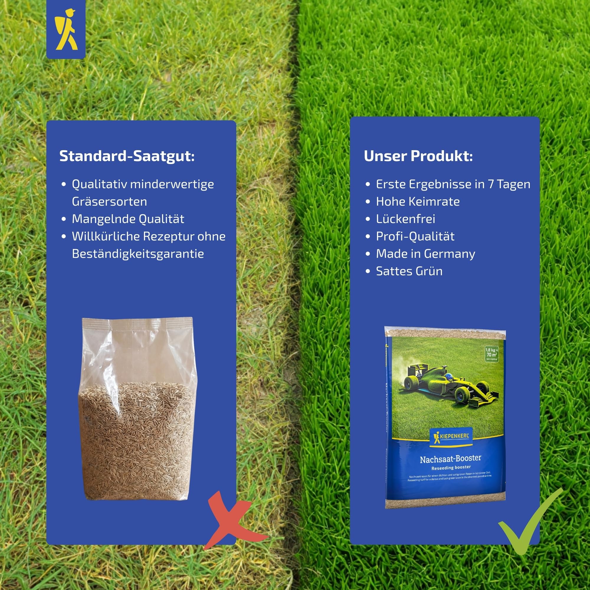 Kiepenkerl Rasen Nachsaat-Booster Grassamen | 1,8kg für 70m², Schnellkeimend, Strapazierfähig, Spiel- & Sportrasen, Dichter Traumrasen in wenigen Tagen