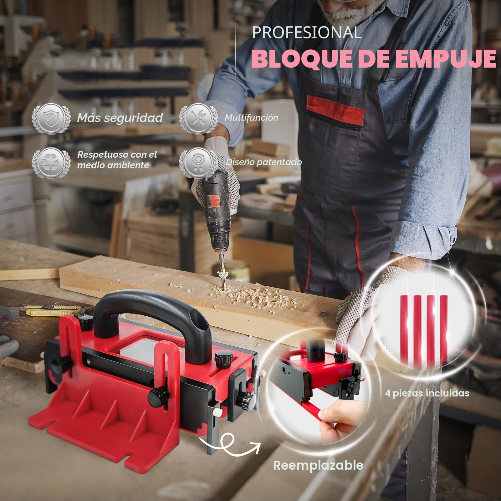 Asixxsix Bloque de empuje para sierra de mesa, bloque de empuje con mango ergonómico y almohadilla antideslizante, bloque de empuje ajustable para sierras de mesa, mesas fresadoras