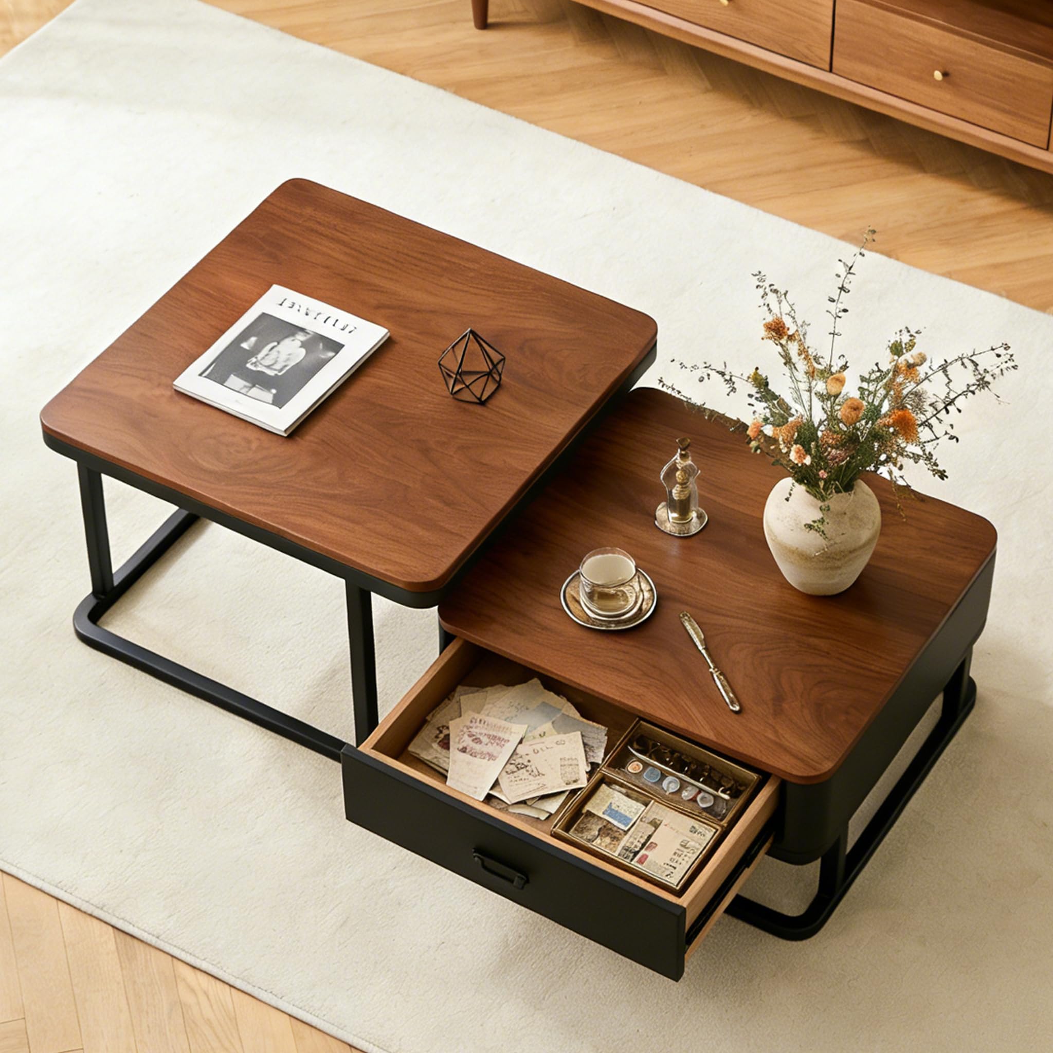 Générique Lot de 2 Tables Basses, Moderne Table Basse Salon Extensible, Noyer Coffee Table with Storage, Metal Frame, pour Salon, Chambre à Coucher, Noyer