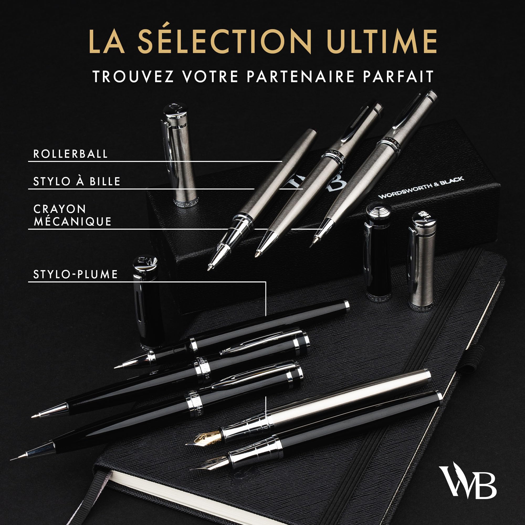 Wordsworth et Black Crayon Mécanique Mine de Graphite - Laque Noire avec Finition Chromée, Mine de 0,7 mm, Coffret Cadeau pour Hommes et Femmes, Crayons Professionnels de Bureau