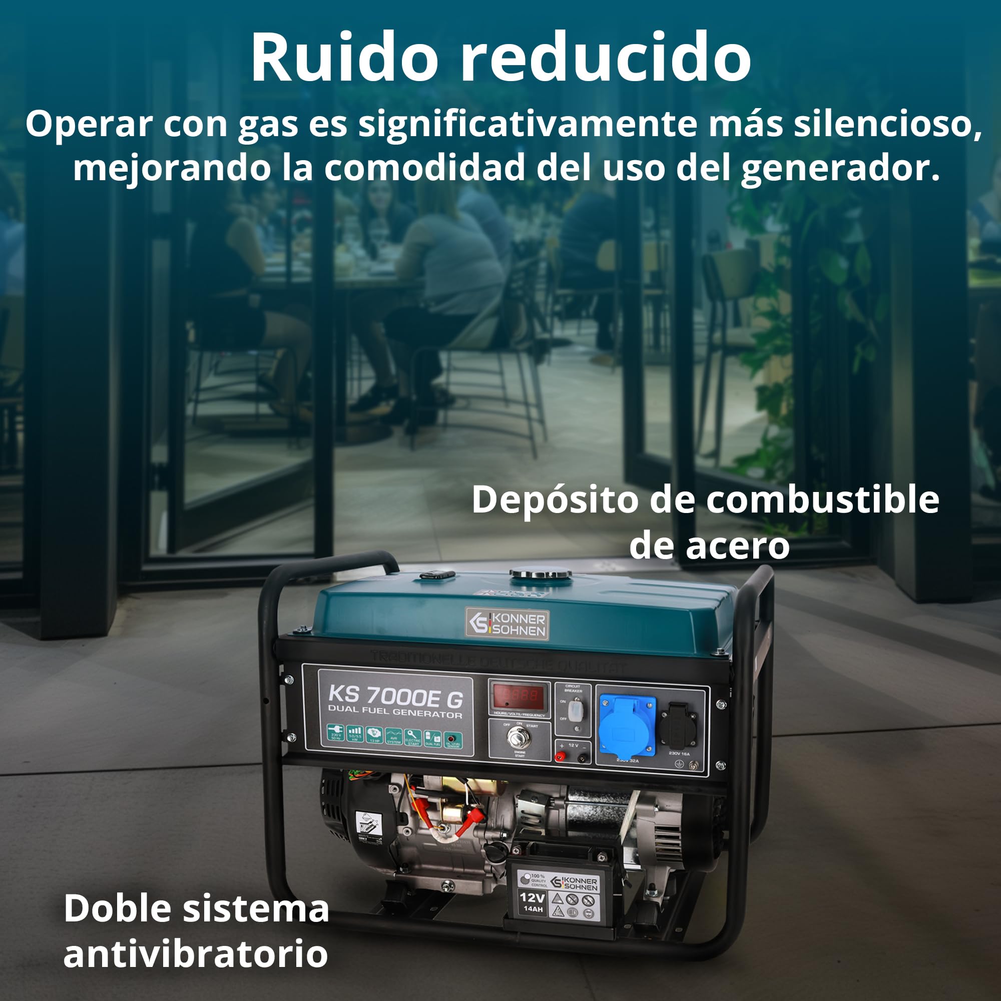 Generador de doble combustible (gasolina y gas) KS 7000E G, generador electrico gasolina5500W,1x16A,1x32 (230V),12V, generador 4 tiempos con (AVR),indicador aceite,protección ante sobrecargas